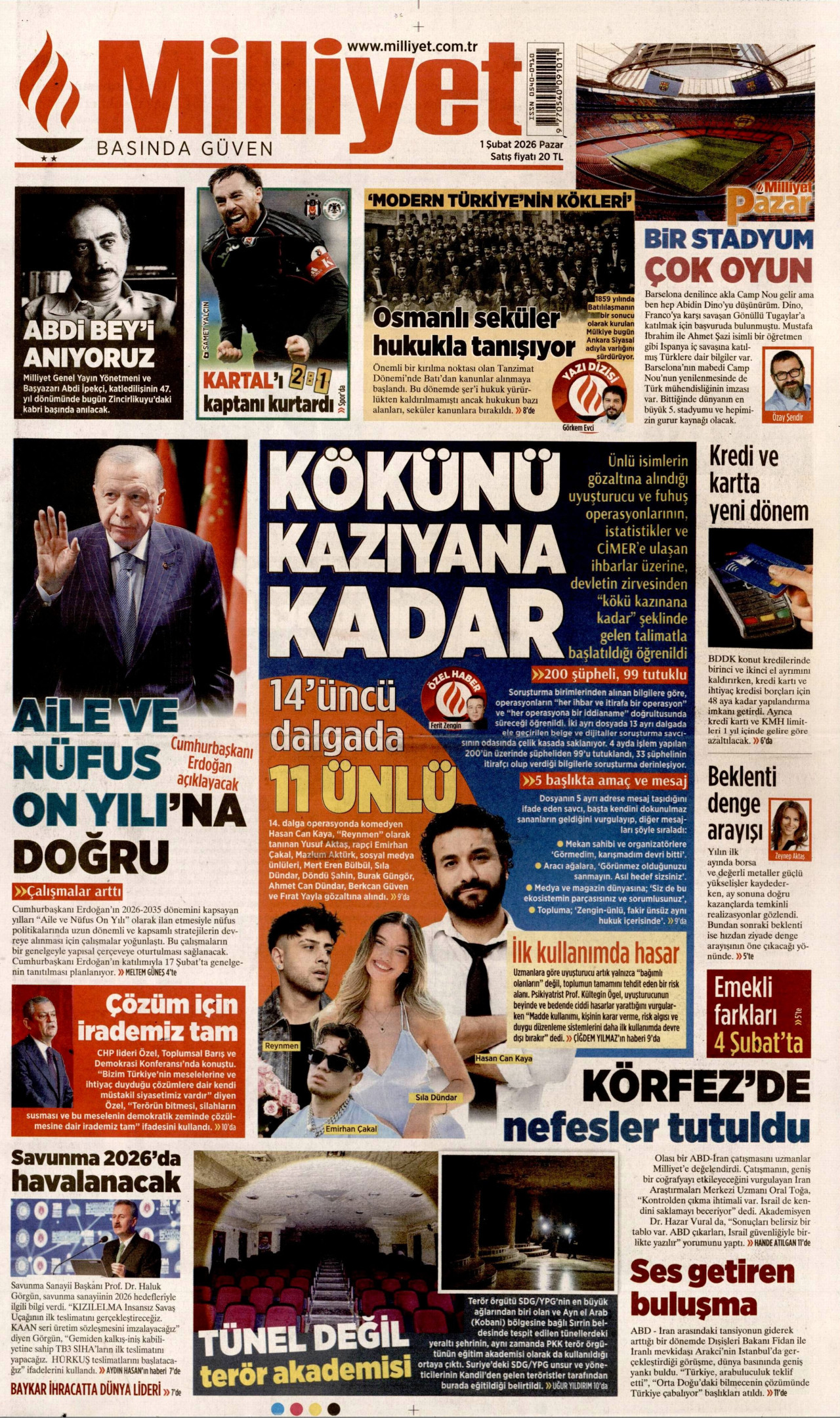 MİLLİYET gazetesinin 1 Şubat 2026 tarihli birinci sayfası