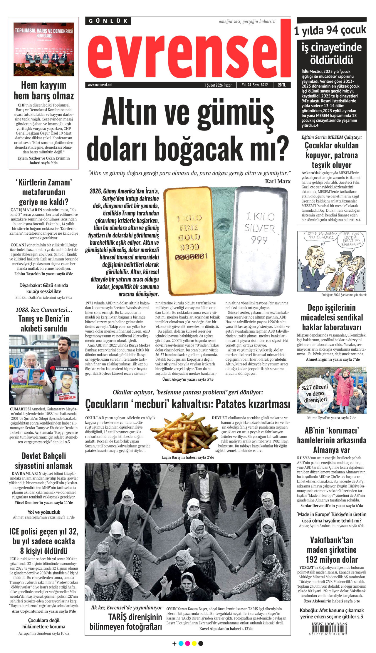 EVRENSEL gazetesinin 1 Şubat 2026 tarihli birinci sayfası