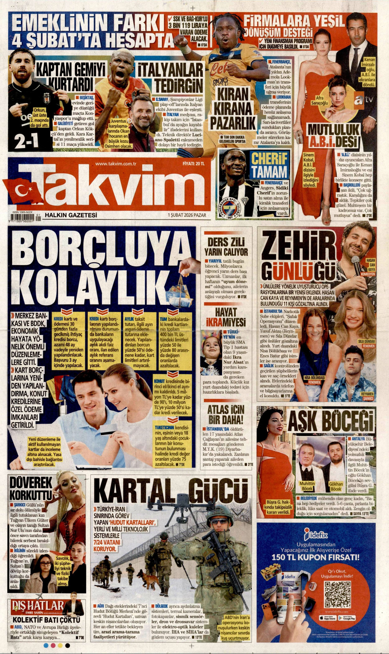 TAKVİM gazetesinin 1 Şubat 2026 tarihli birinci sayfası
