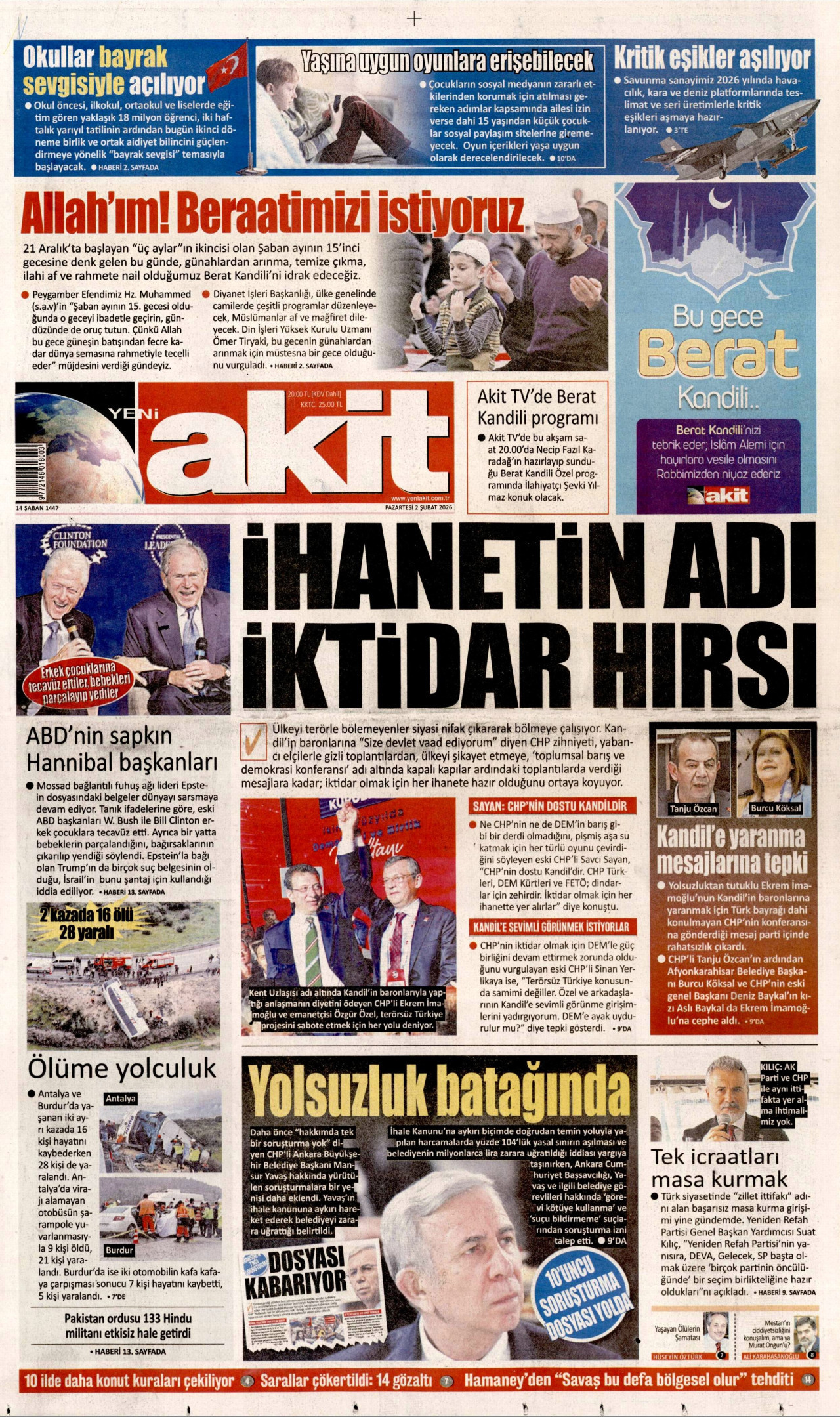YENİ AKİT gazetesinin 2 Şubat 2026 tarihli birinci sayfası