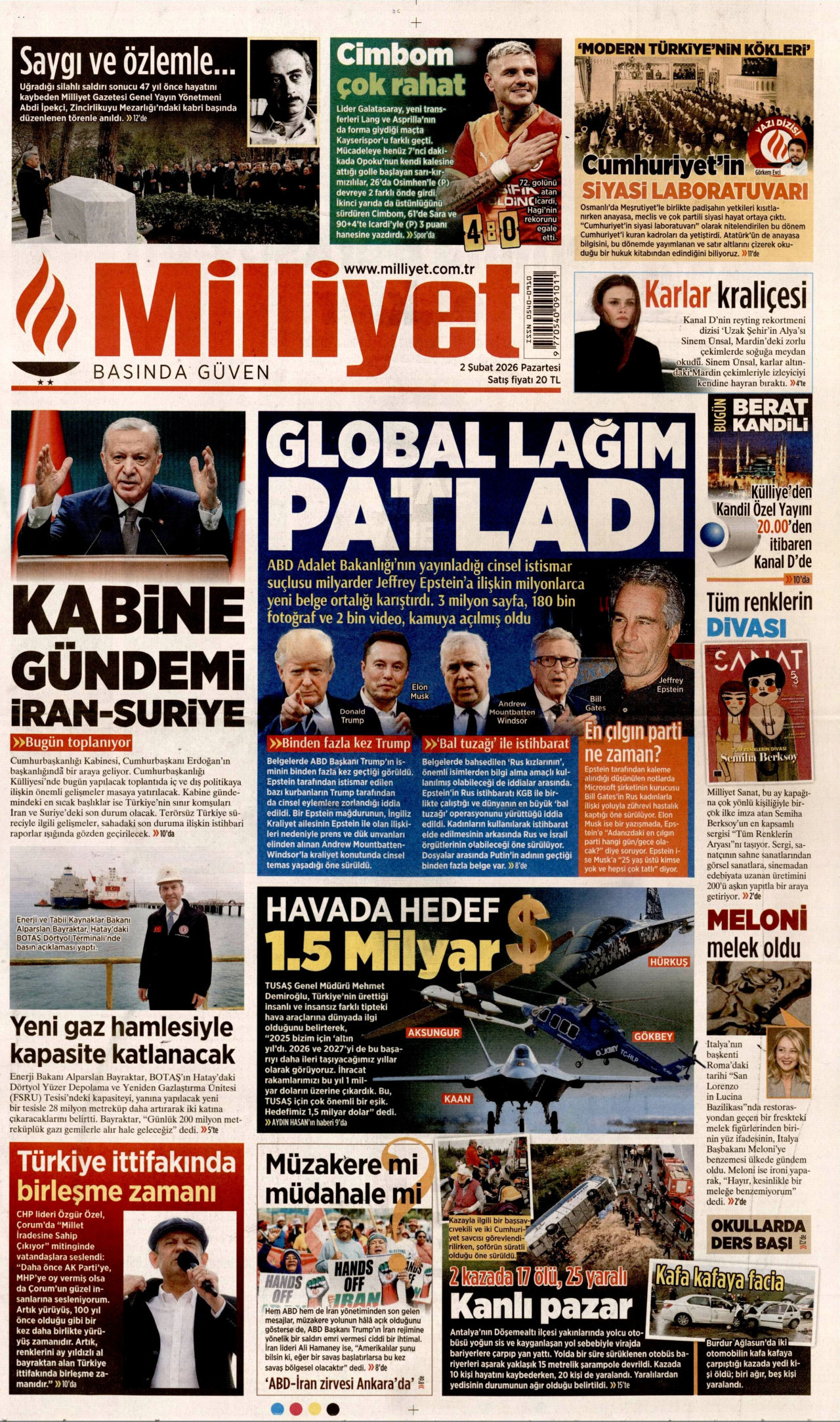 MİLLİYET gazetesinin 2 Şubat 2026 tarihli birinci sayfası
