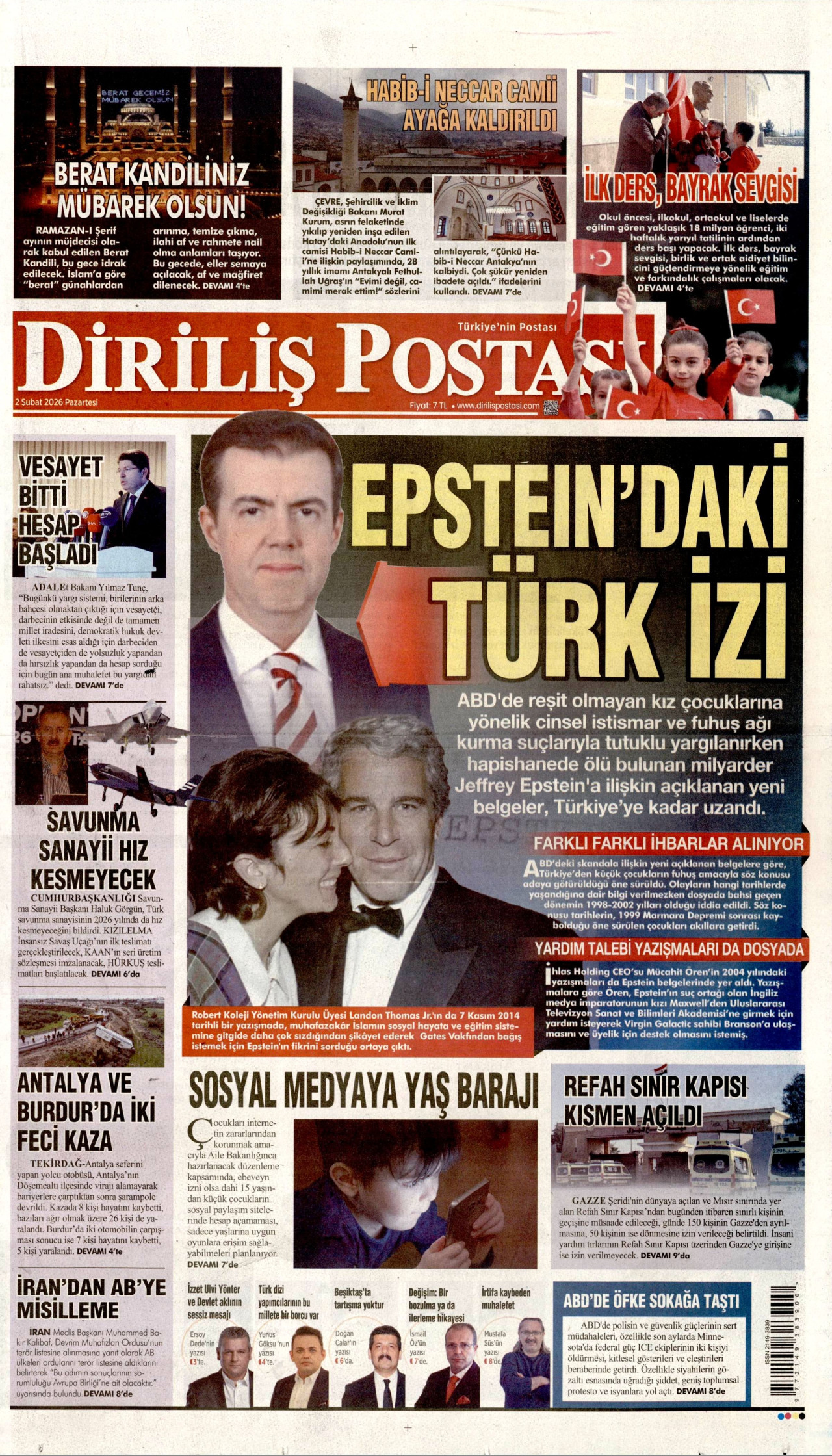 DİRİLİŞ POSTASI gazetesinin 2 Şubat 2026 tarihli birinci sayfası