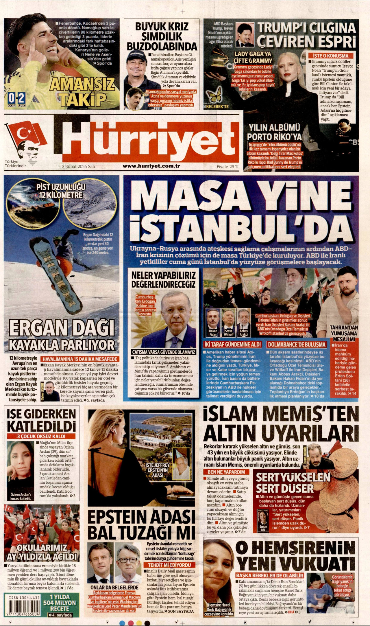 HÜRRİYET gazetesinin 3 Şubat 2026 tarihli birinci sayfası