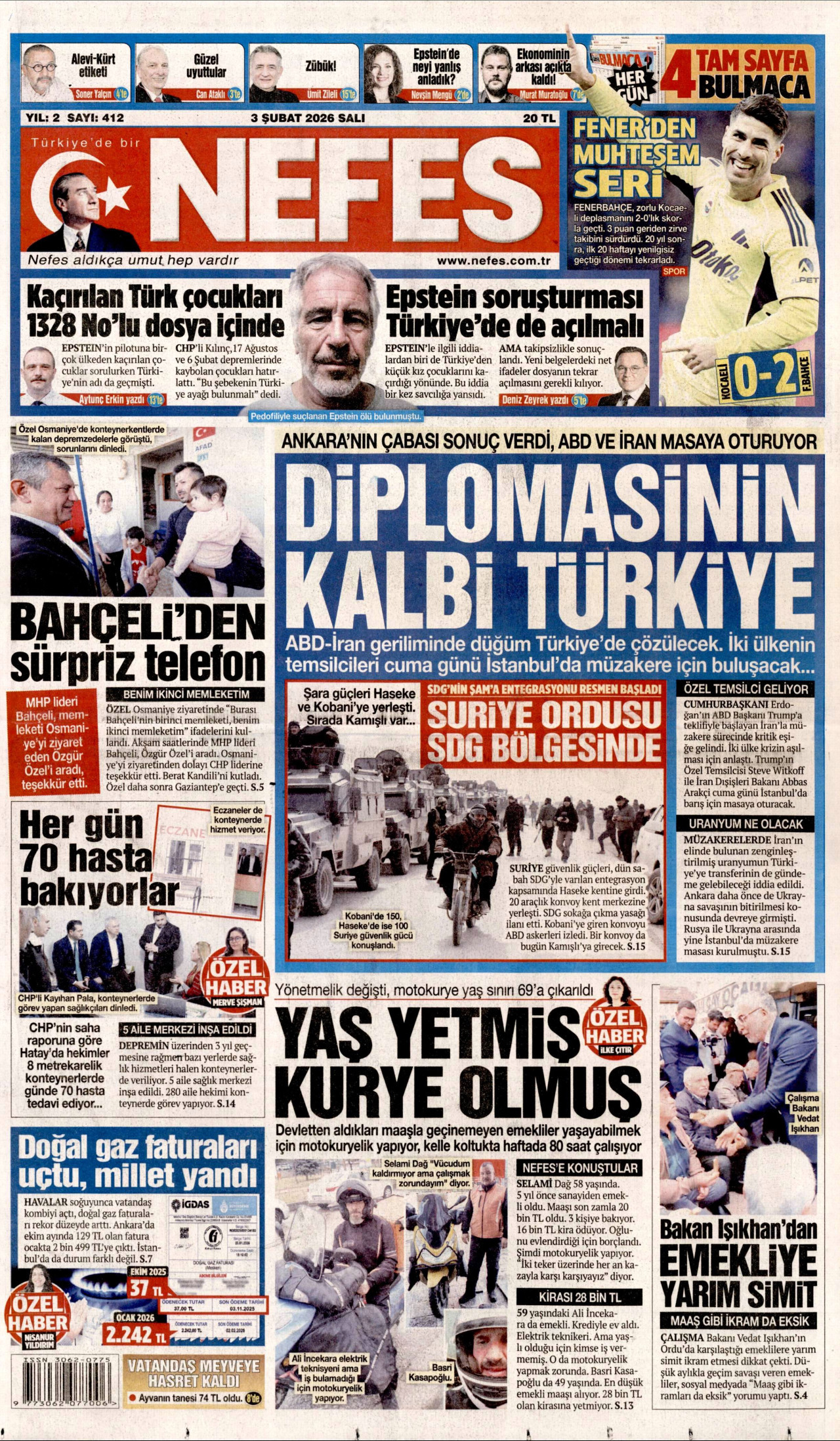 NEFES gazetesinin 3 Şubat 2026 tarihli birinci sayfası