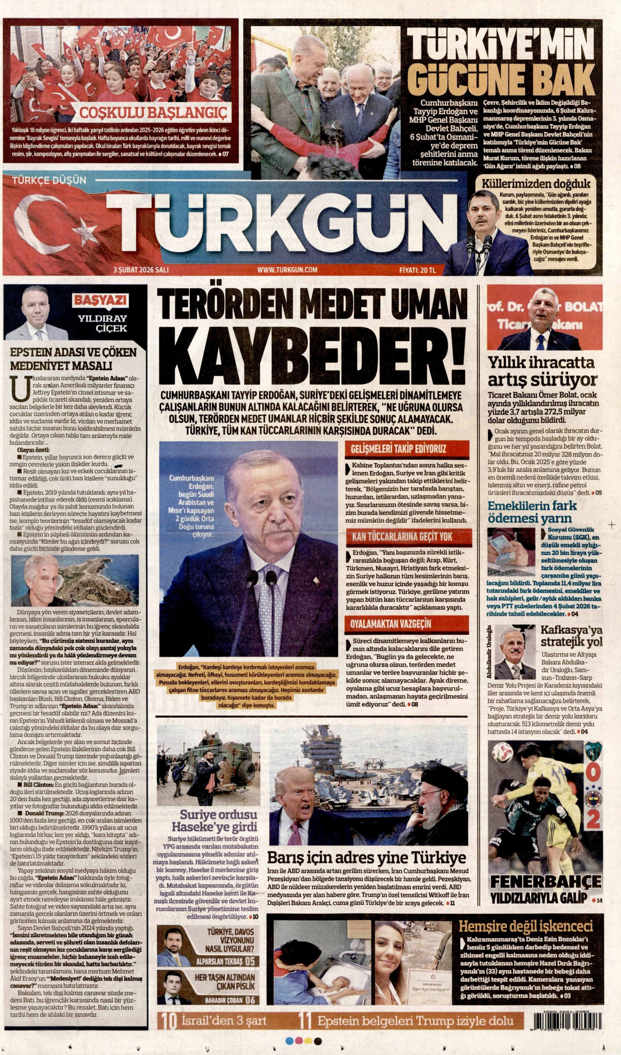 TÜRKGÜN gazetesinin 3 Şubat 2026 tarihli birinci sayfası