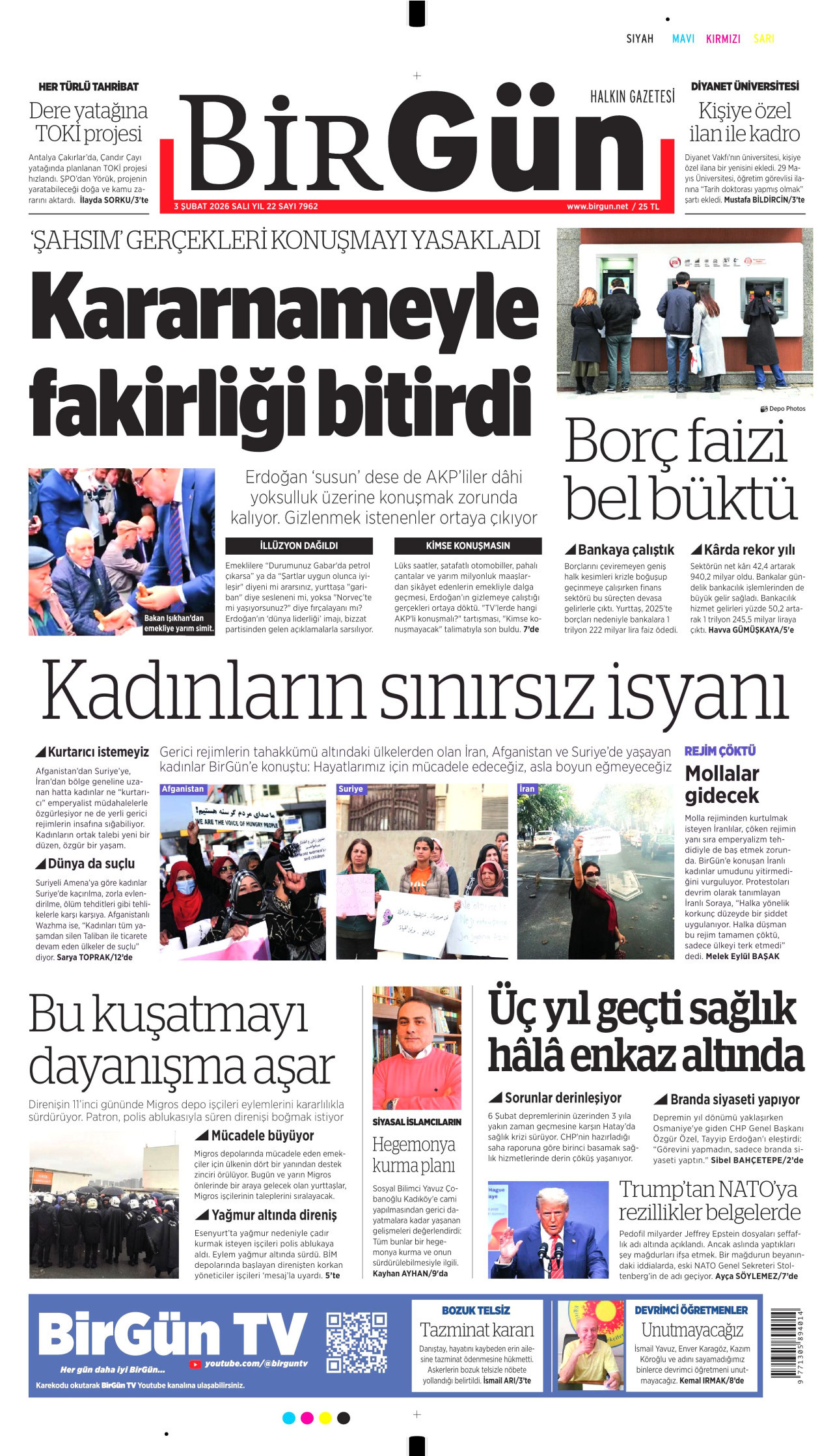 BİRGÜN gazetesinin 3 Şubat 2026 tarihli birinci sayfası