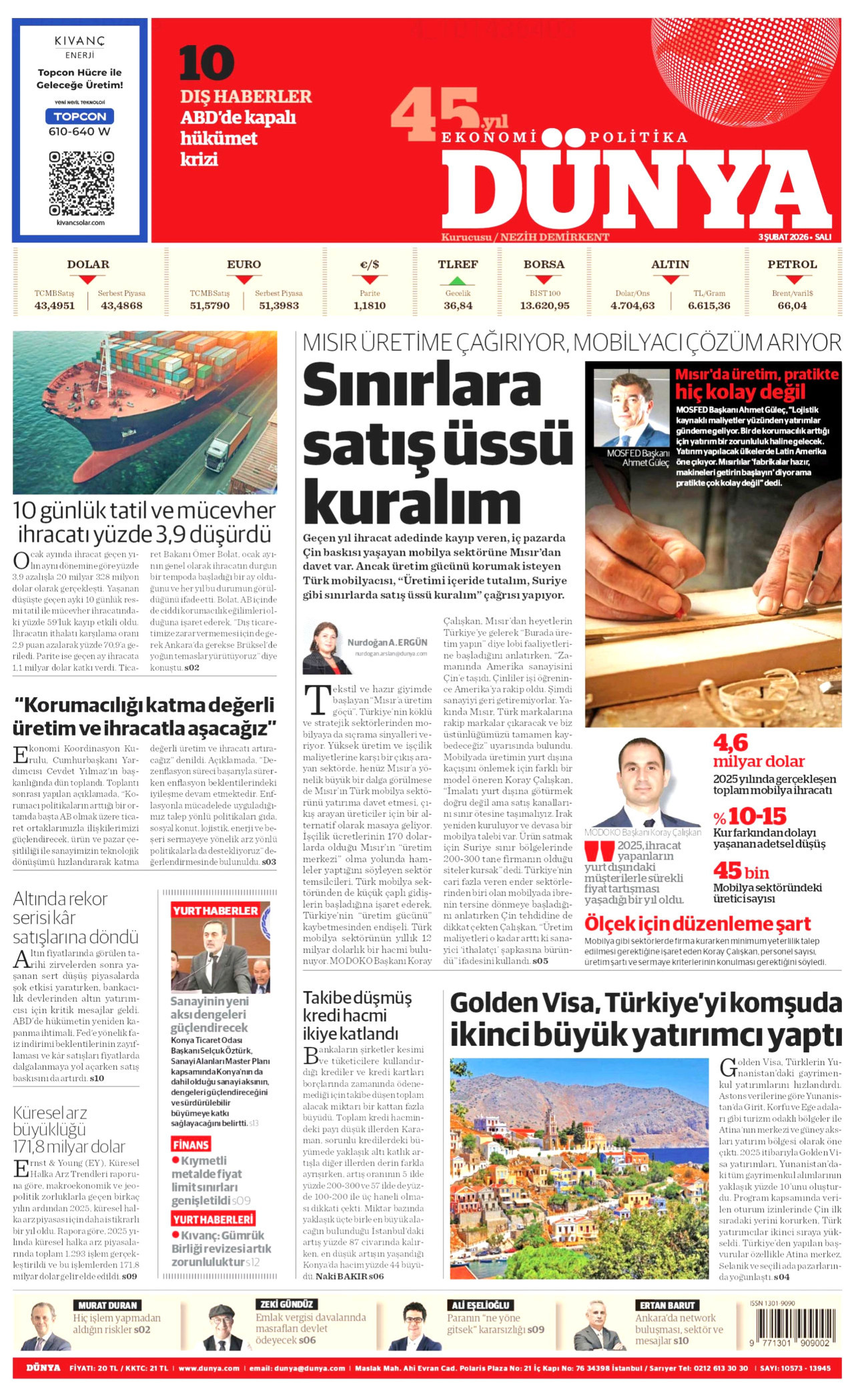 DÜNYA gazetesinin 3 Şubat 2026 tarihli birinci sayfası