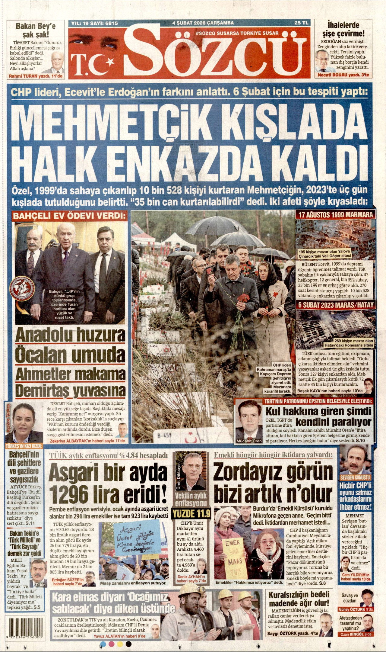SÖZCÜ gazetesinin 4 Şubat 2026 tarihli birinci sayfası