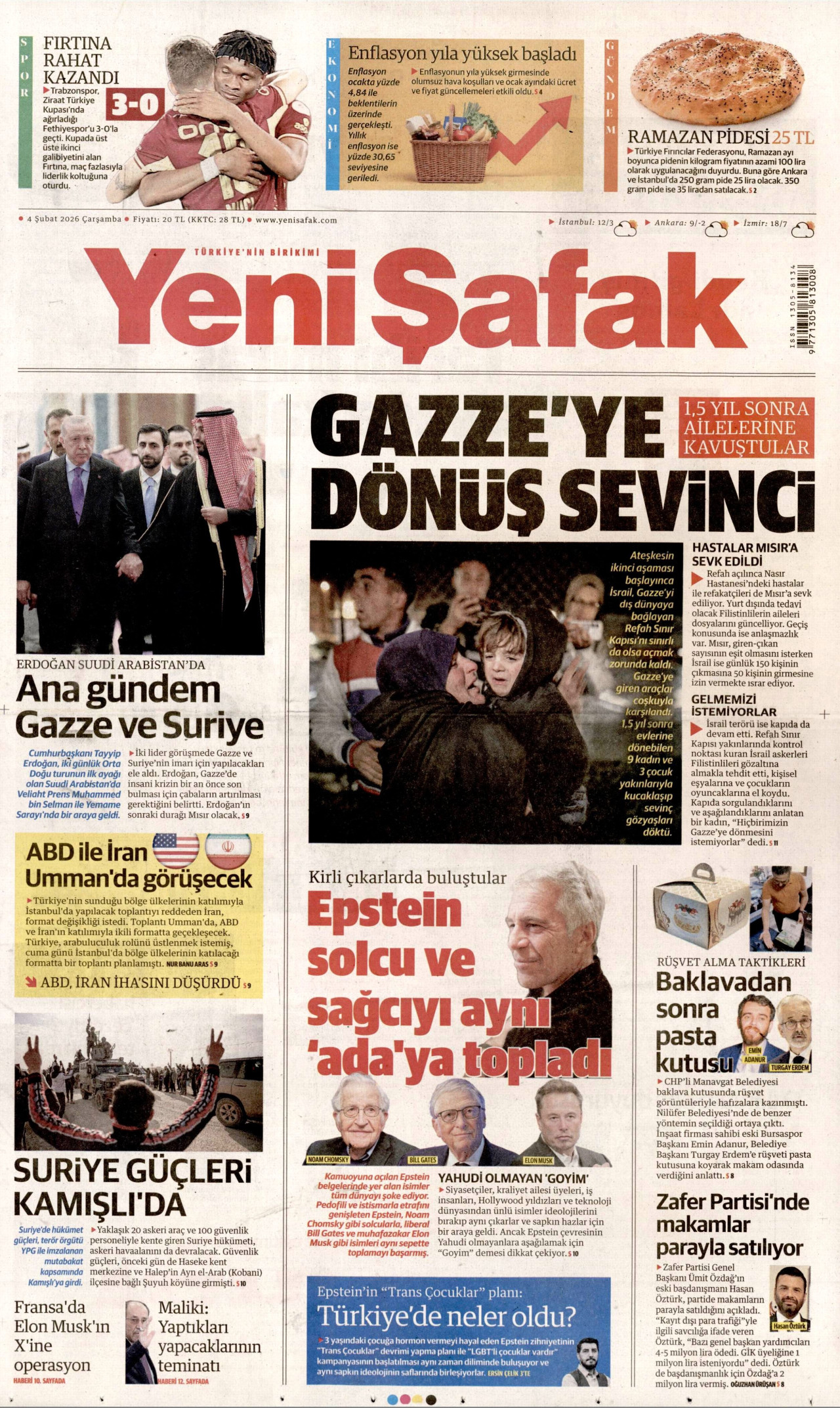 YENİ ŞAFAK gazetesinin 4 Şubat 2026 tarihli birinci sayfası