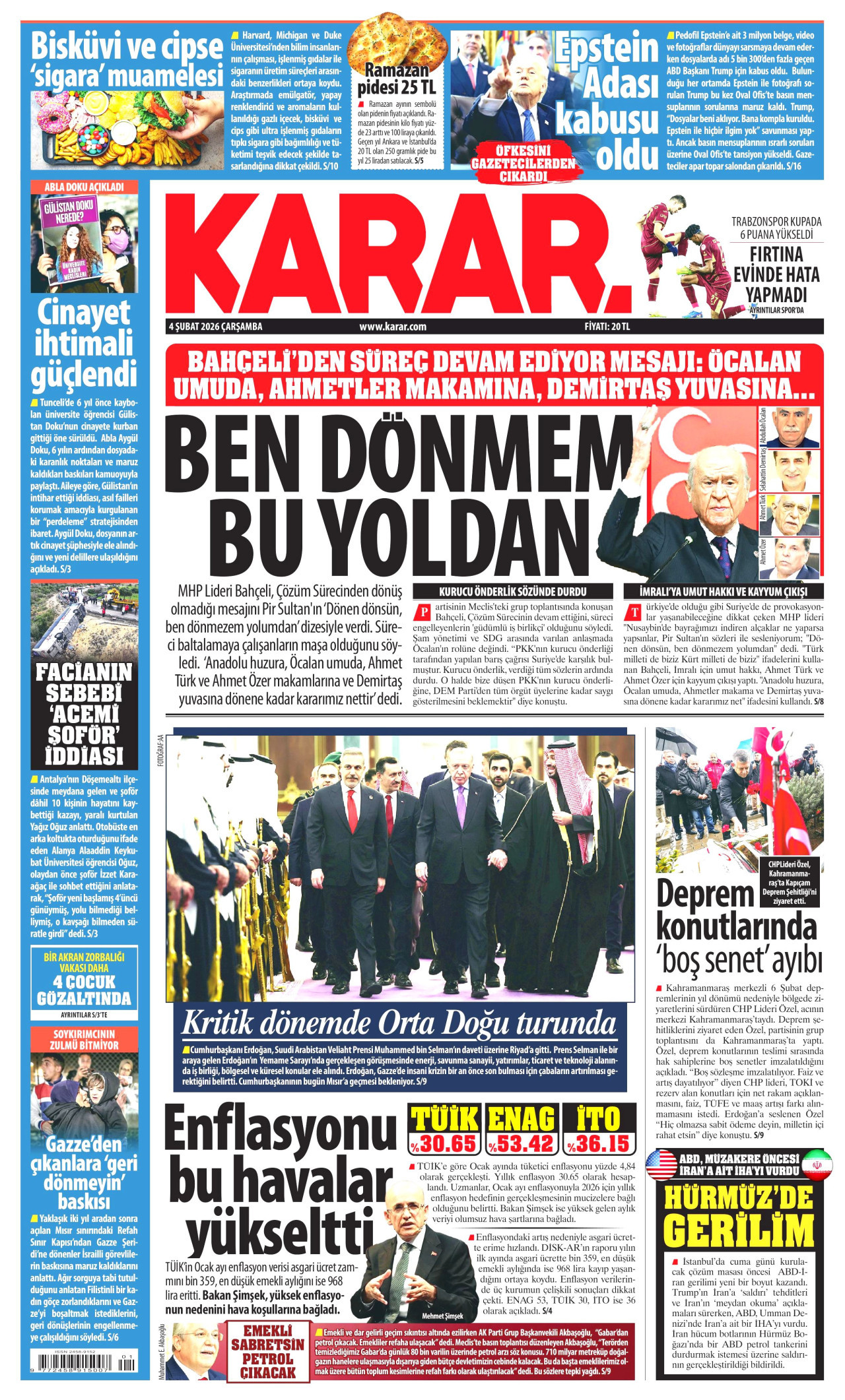KARAR gazetesinin 4 Şubat 2026 tarihli birinci sayfası
