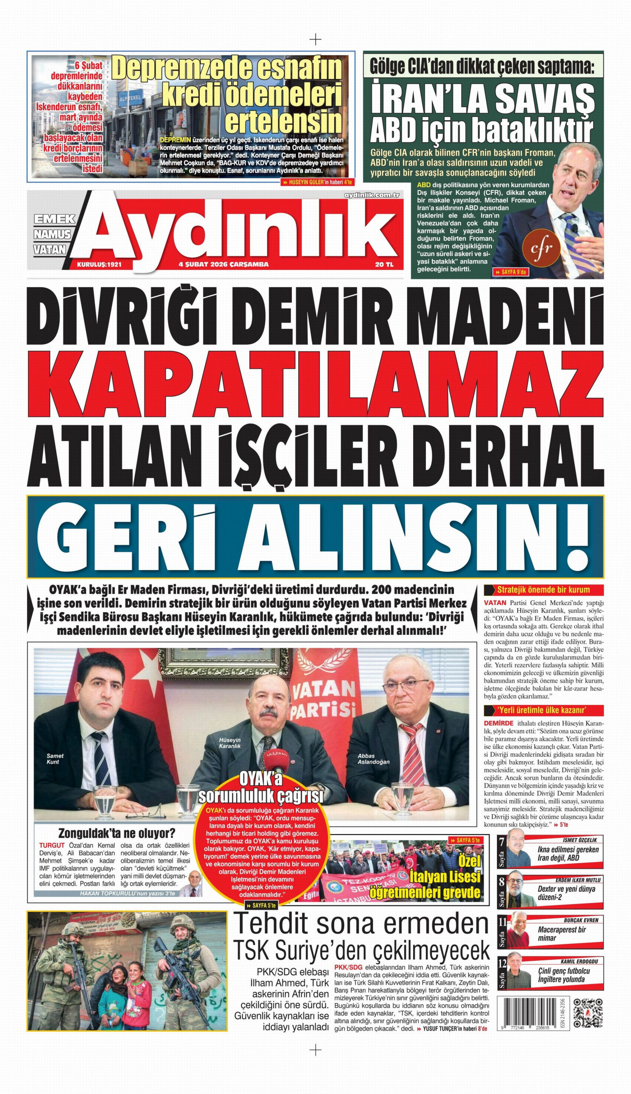 AYDINLIK GAZETESİ gazetesinin 4 Şubat 2026 tarihli birinci sayfası