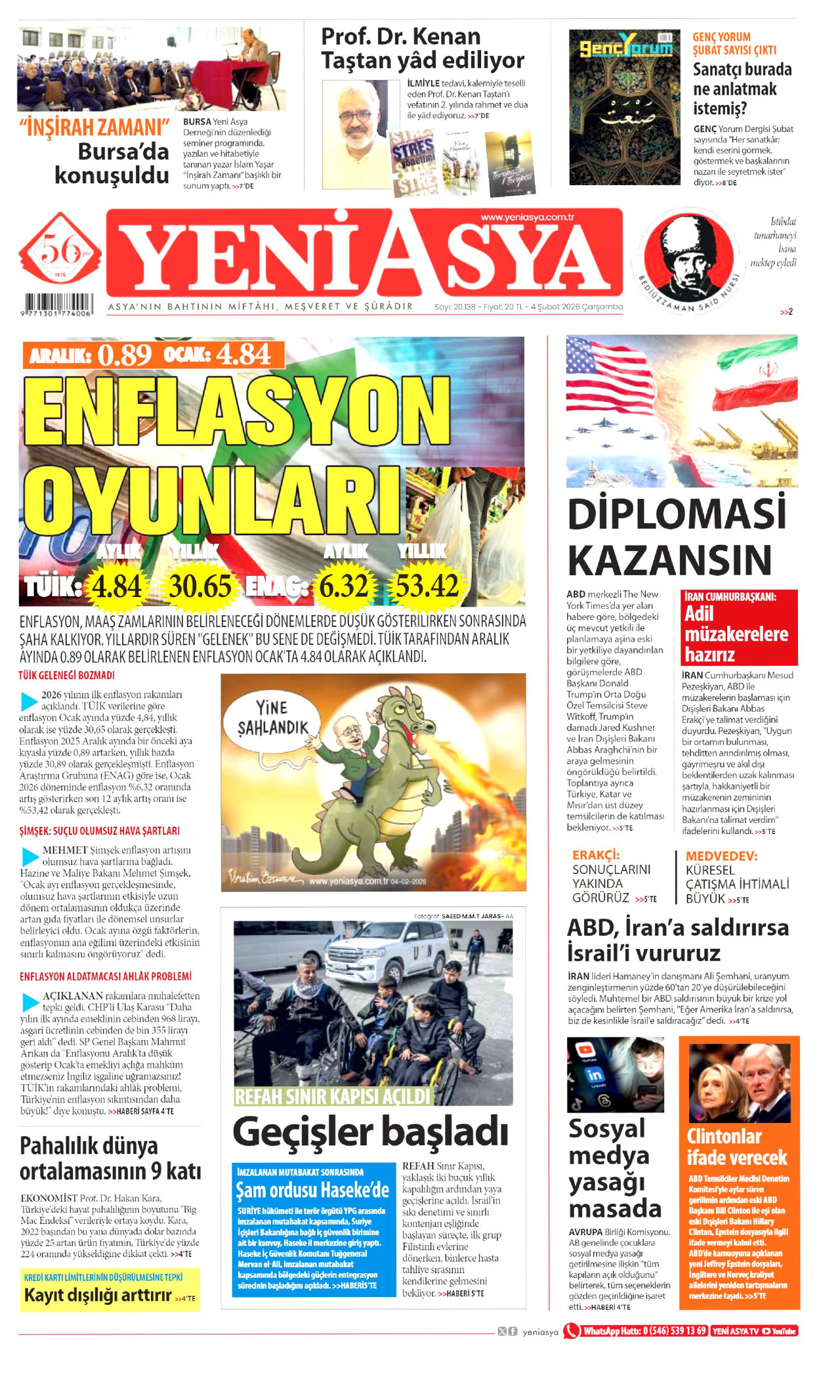 YENİ ASYA gazetesinin 4 Şubat 2026 tarihli birinci sayfası