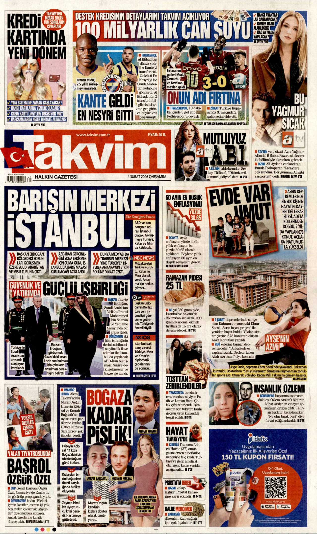 TAKVİM gazetesinin 4 Şubat 2026 tarihli birinci sayfası