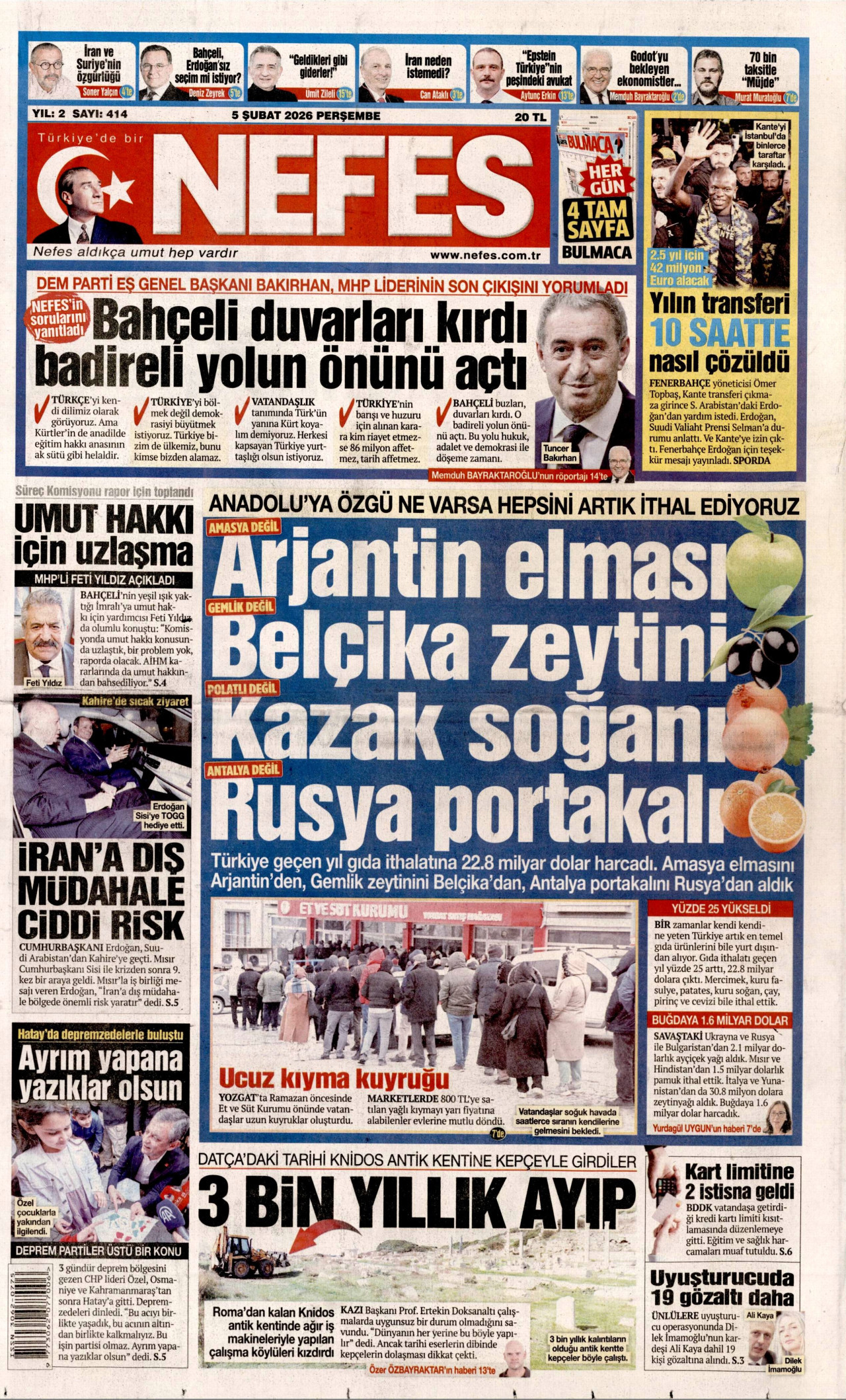 NEFES gazetesinin 5 Şubat 2026 tarihli birinci sayfası