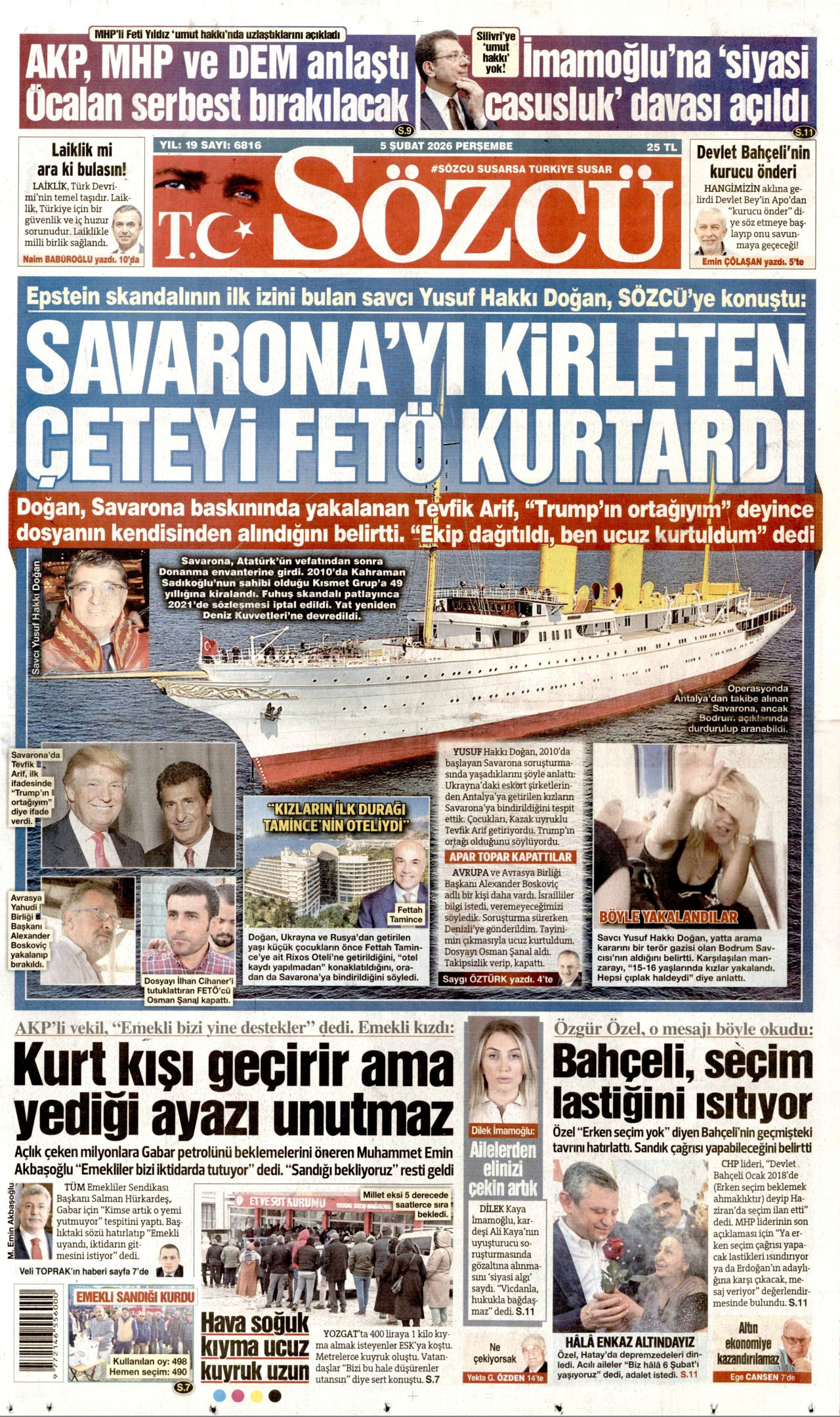 SÖZCÜ gazetesinin 5 Şubat 2026 tarihli birinci sayfası