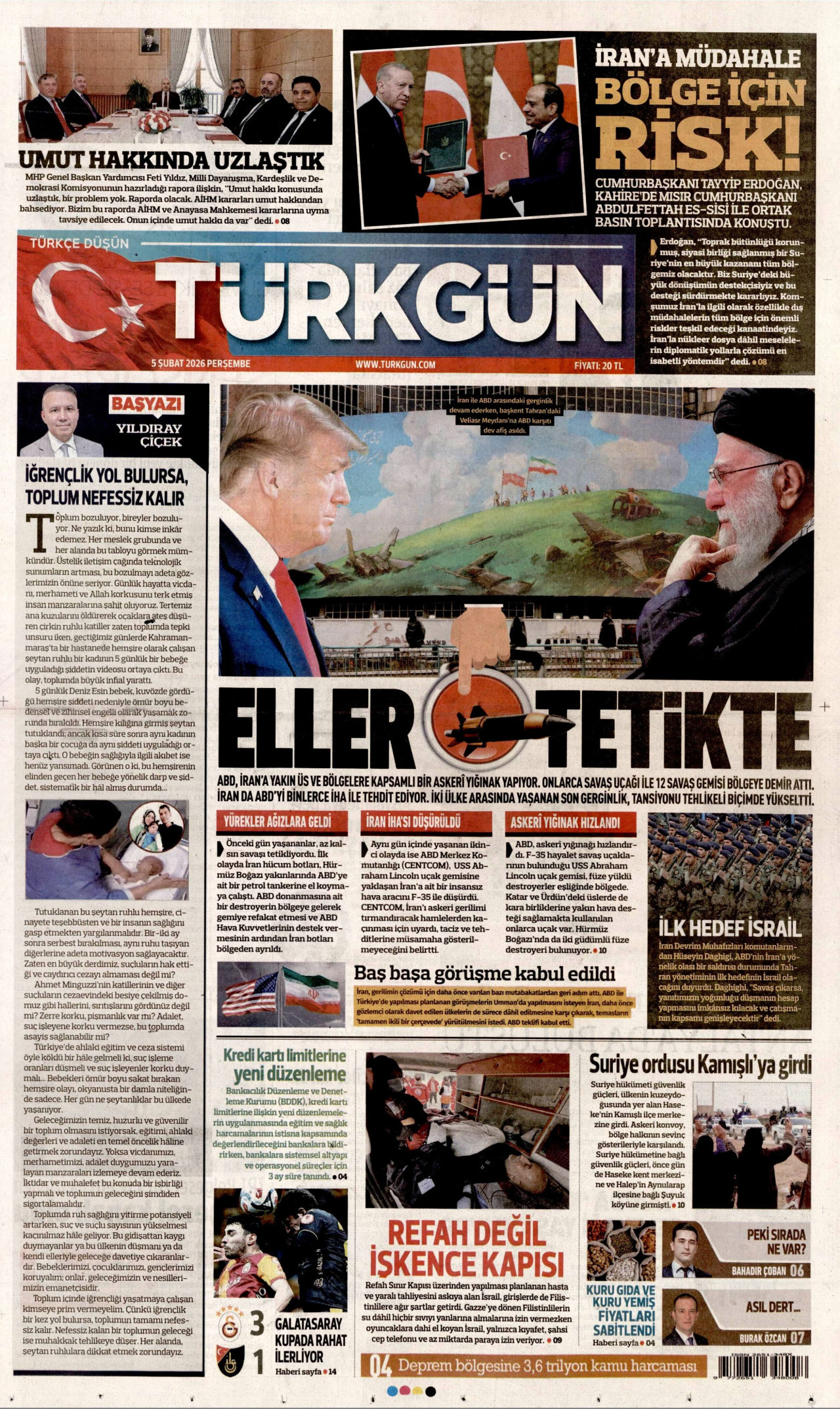 TÜRKGÜN gazetesinin 5 Şubat 2026 tarihli birinci sayfası