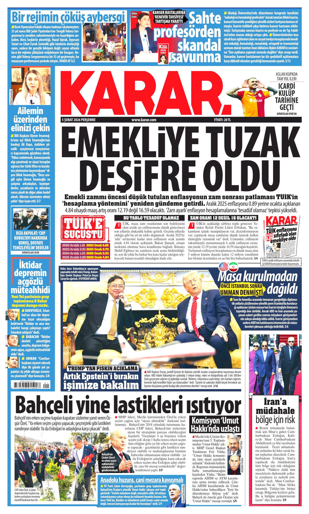 KARAR gazetesinin 5 Şubat 2026 tarihli birinci sayfası