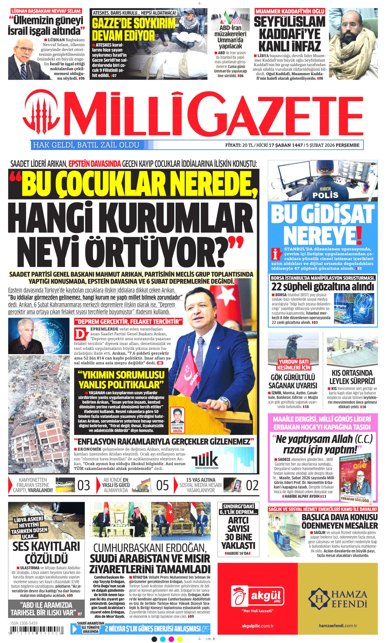 MİLLİ GAZETE gazetesinin 5 Şubat 2026 tarihli birinci sayfası