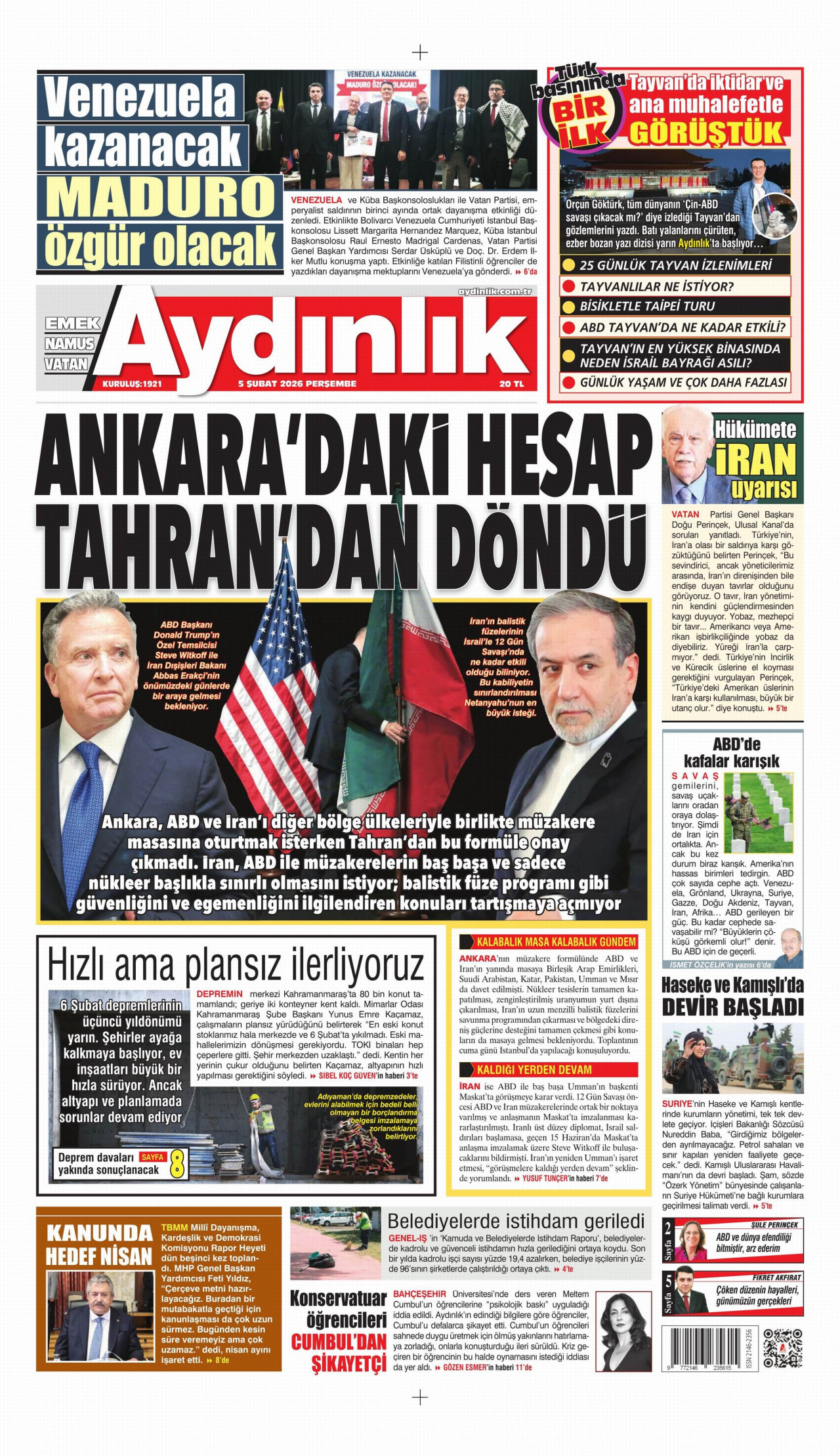 AYDINLIK GAZETESİ gazetesinin 5 Şubat 2026 tarihli birinci sayfası