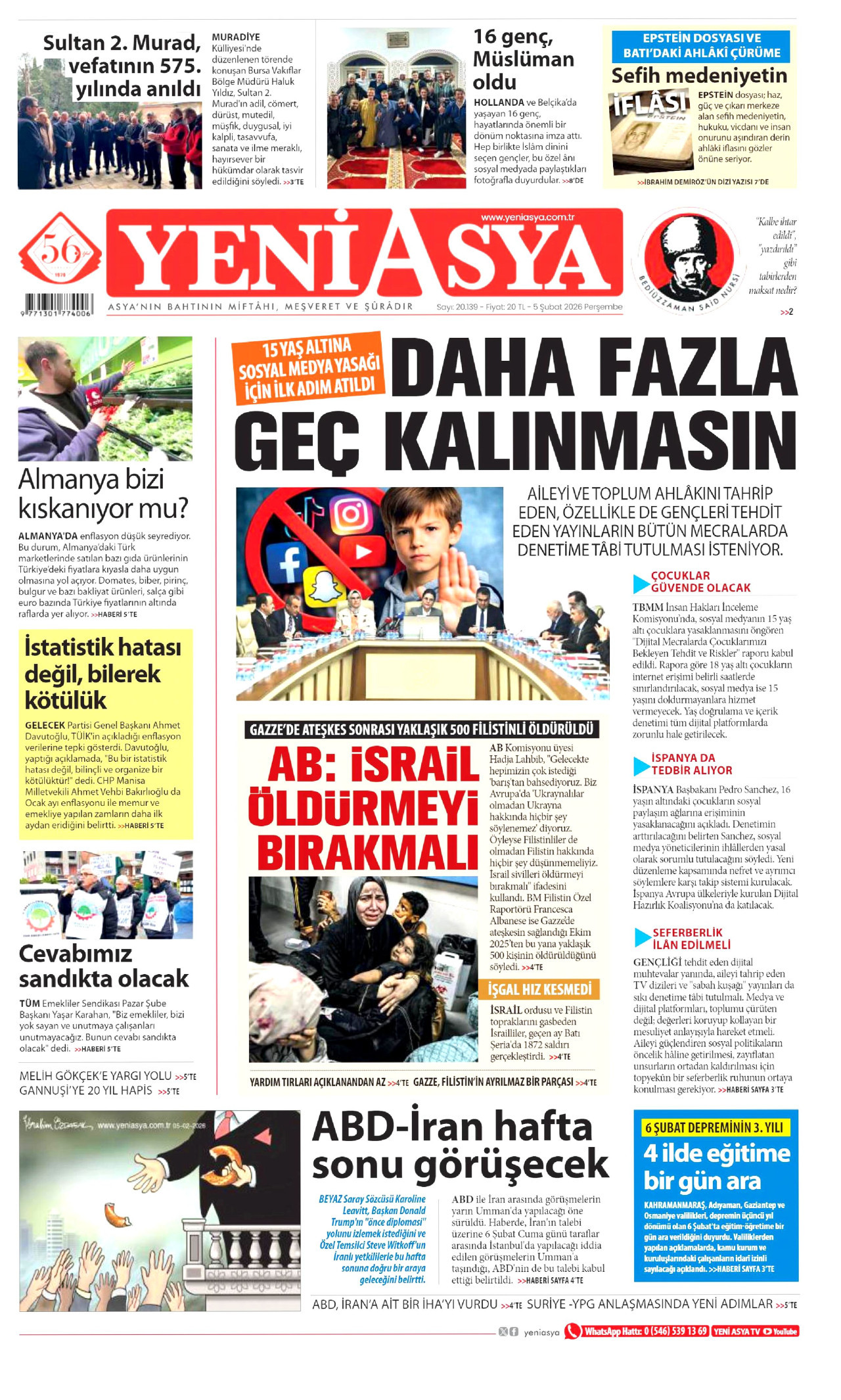 YENİ ASYA gazetesinin 5 Şubat 2026 tarihli birinci sayfası