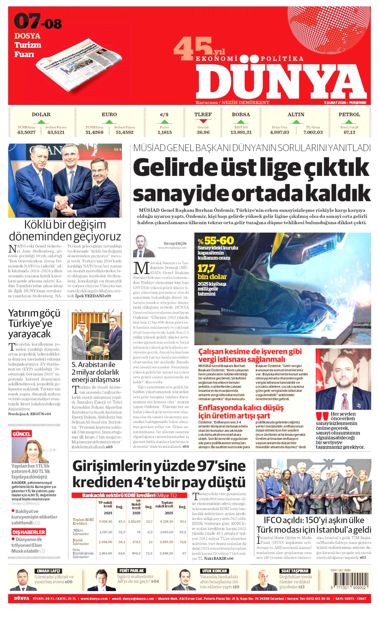 DÜNYA gazetesinin 5 Şubat 2026 tarihli birinci sayfası