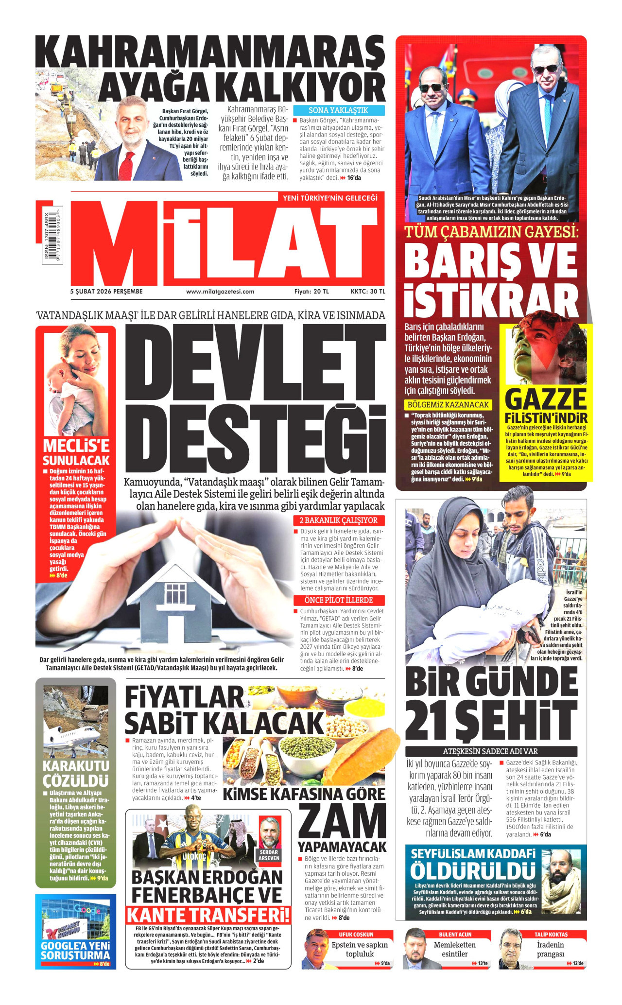 MİLAT gazetesinin 5 Şubat 2026 tarihli birinci sayfası