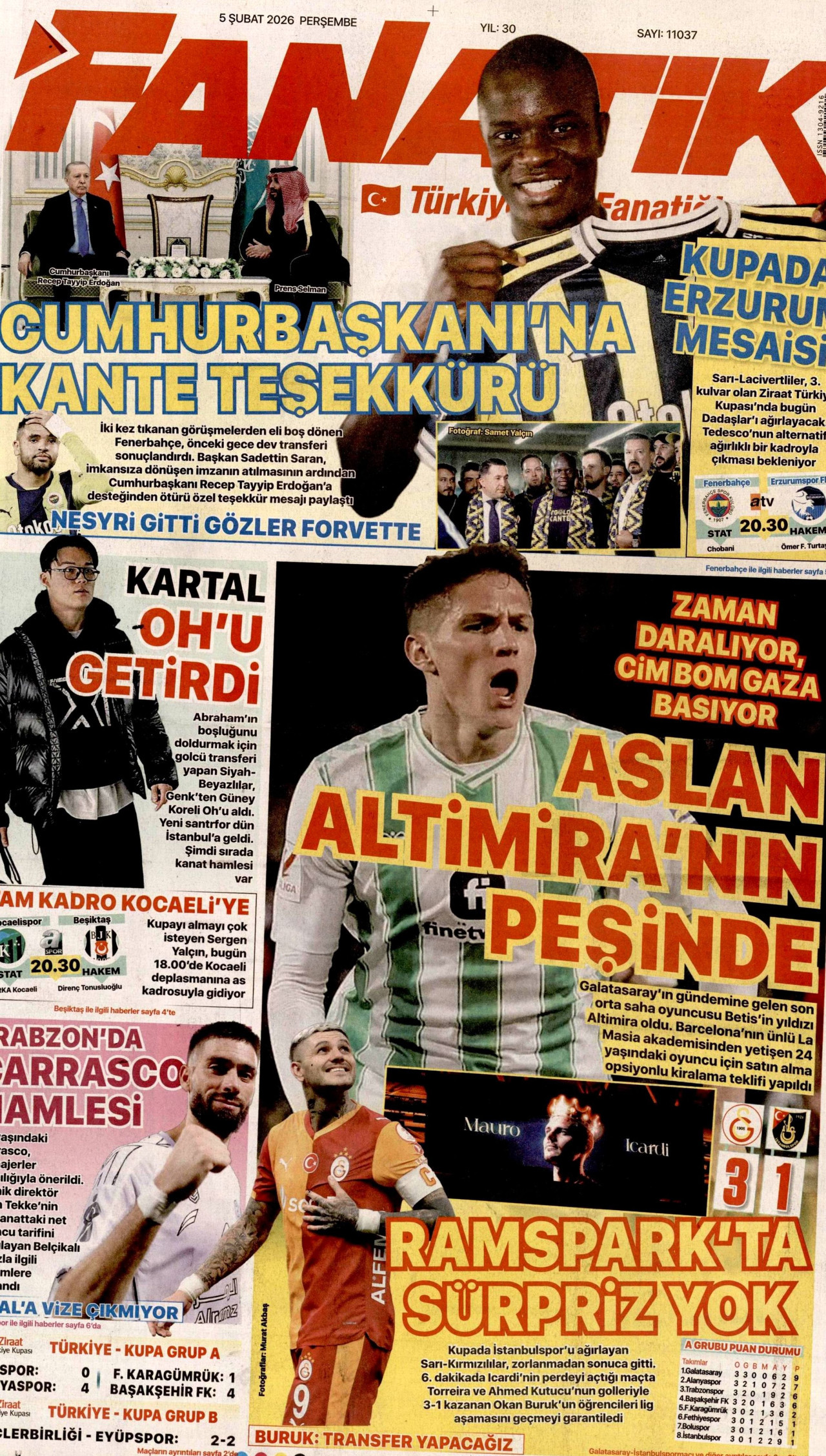 FANATİK gazetesinin 5 Şubat 2026 tarihli birinci sayfası
