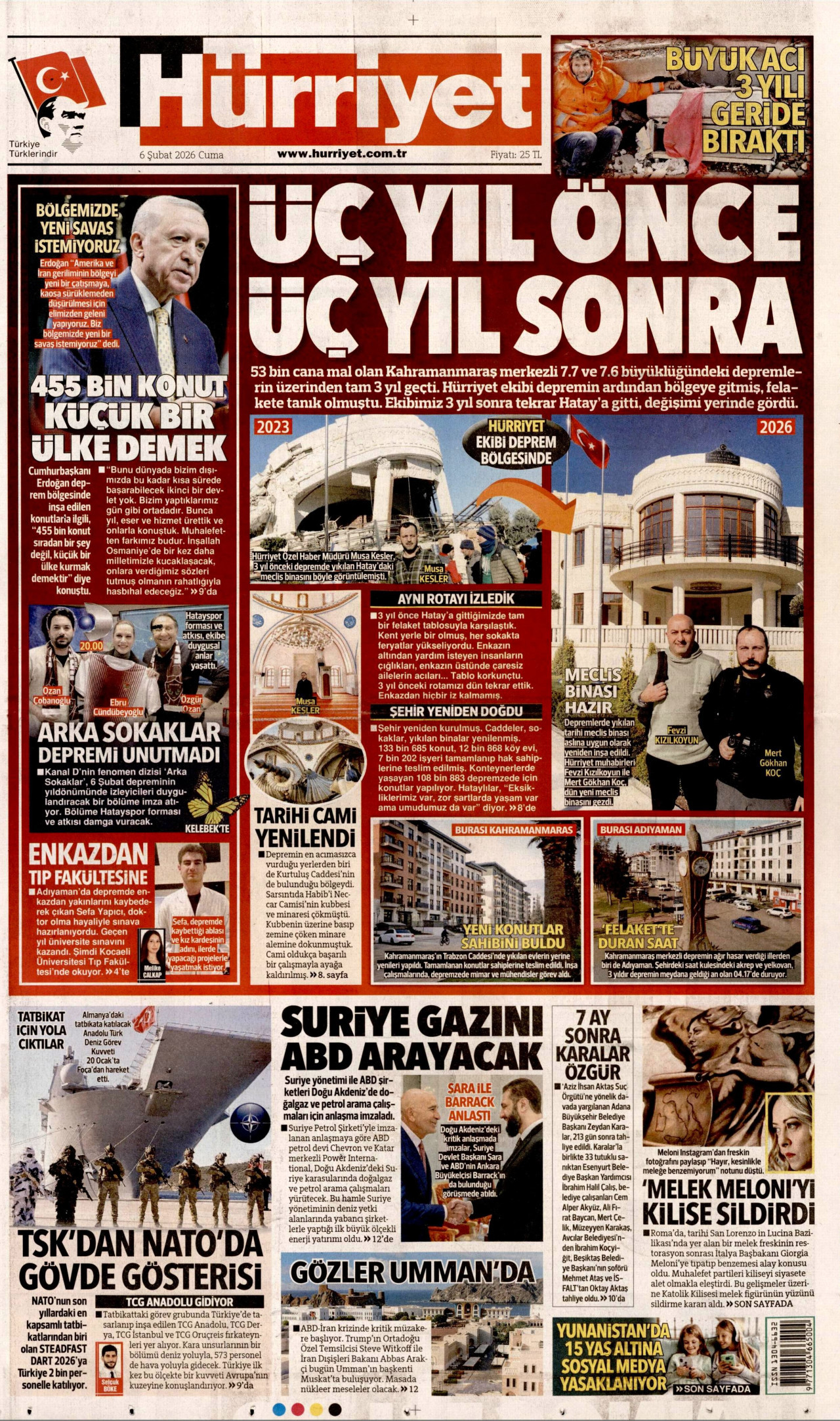 HÜRRİYET gazetesinin 6 Şubat 2026 tarihli birinci sayfası
