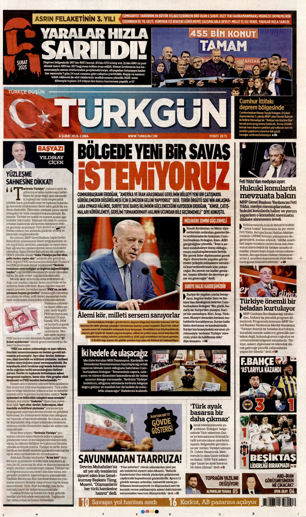 TÜRKGÜN gazetesinin 6 Şubat 2026 tarihli birinci sayfası
