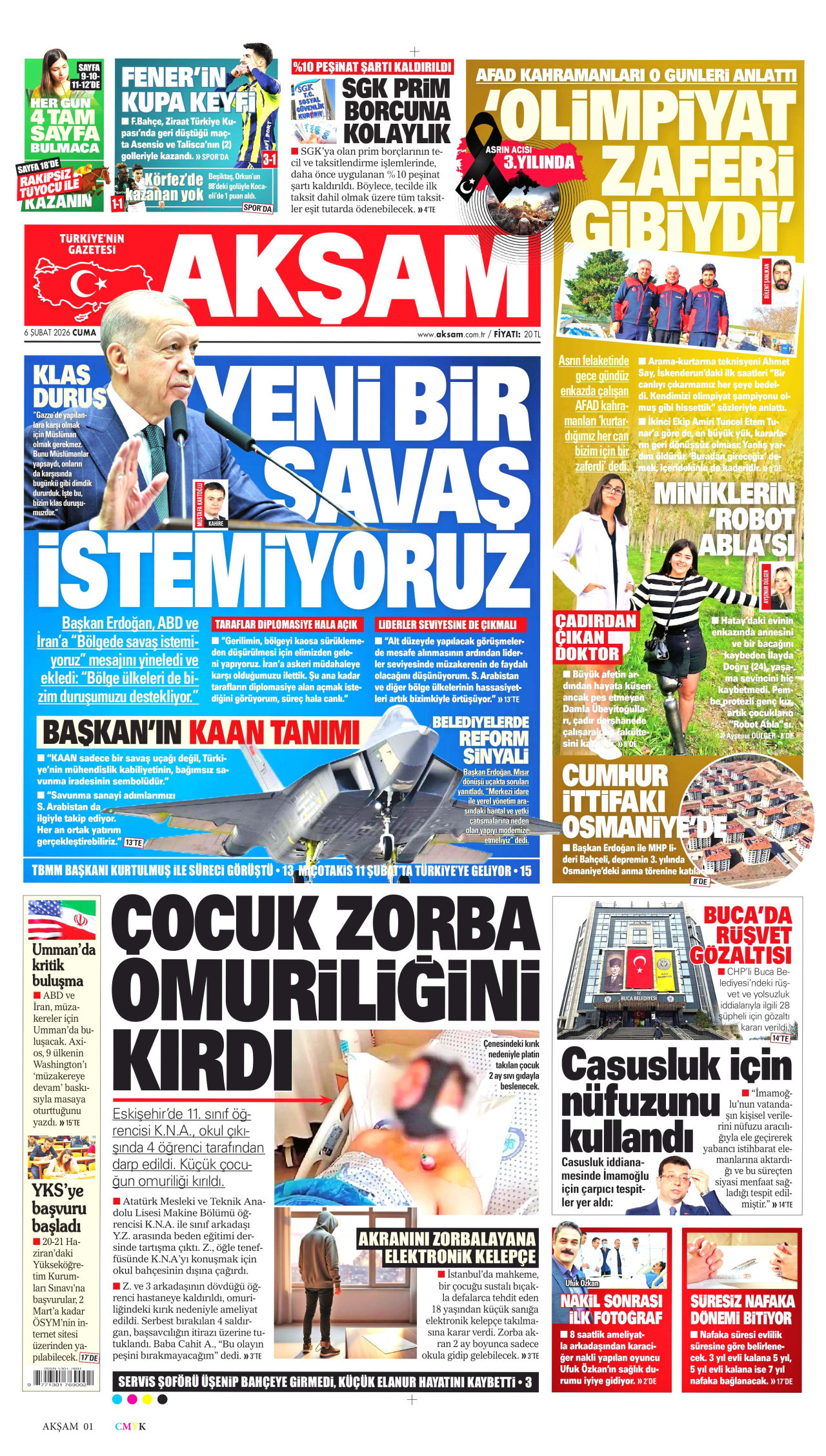 AKŞAM gazetesinin 6 Şubat 2026 tarihli birinci sayfası