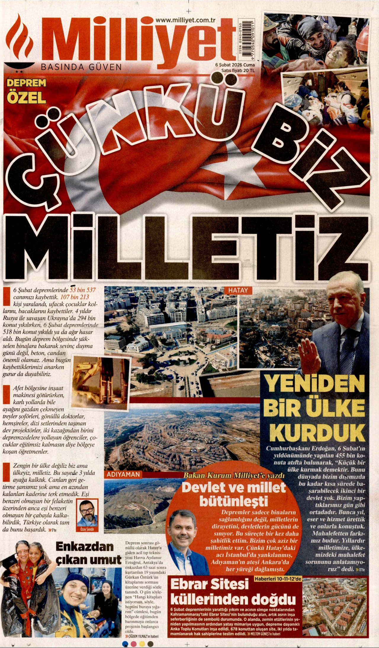 MİLLİYET gazetesinin 6 Şubat 2026 tarihli birinci sayfası