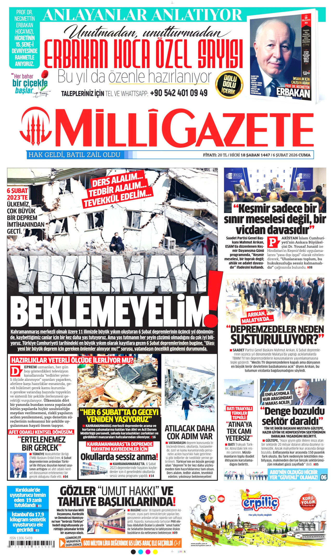 MİLLİ GAZETE gazetesinin 6 Şubat 2026 tarihli birinci sayfası