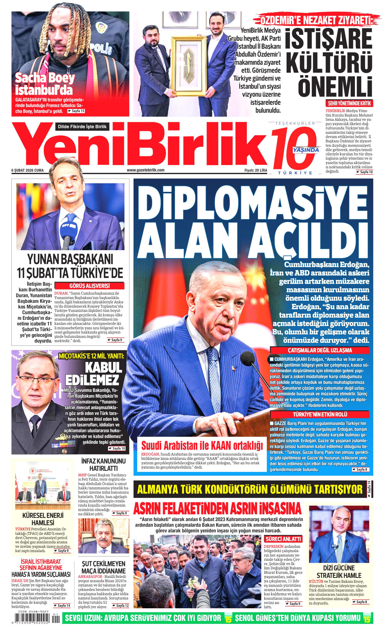 YENİBİRLİK gazetesinin 6 Şubat 2026 tarihli birinci sayfası