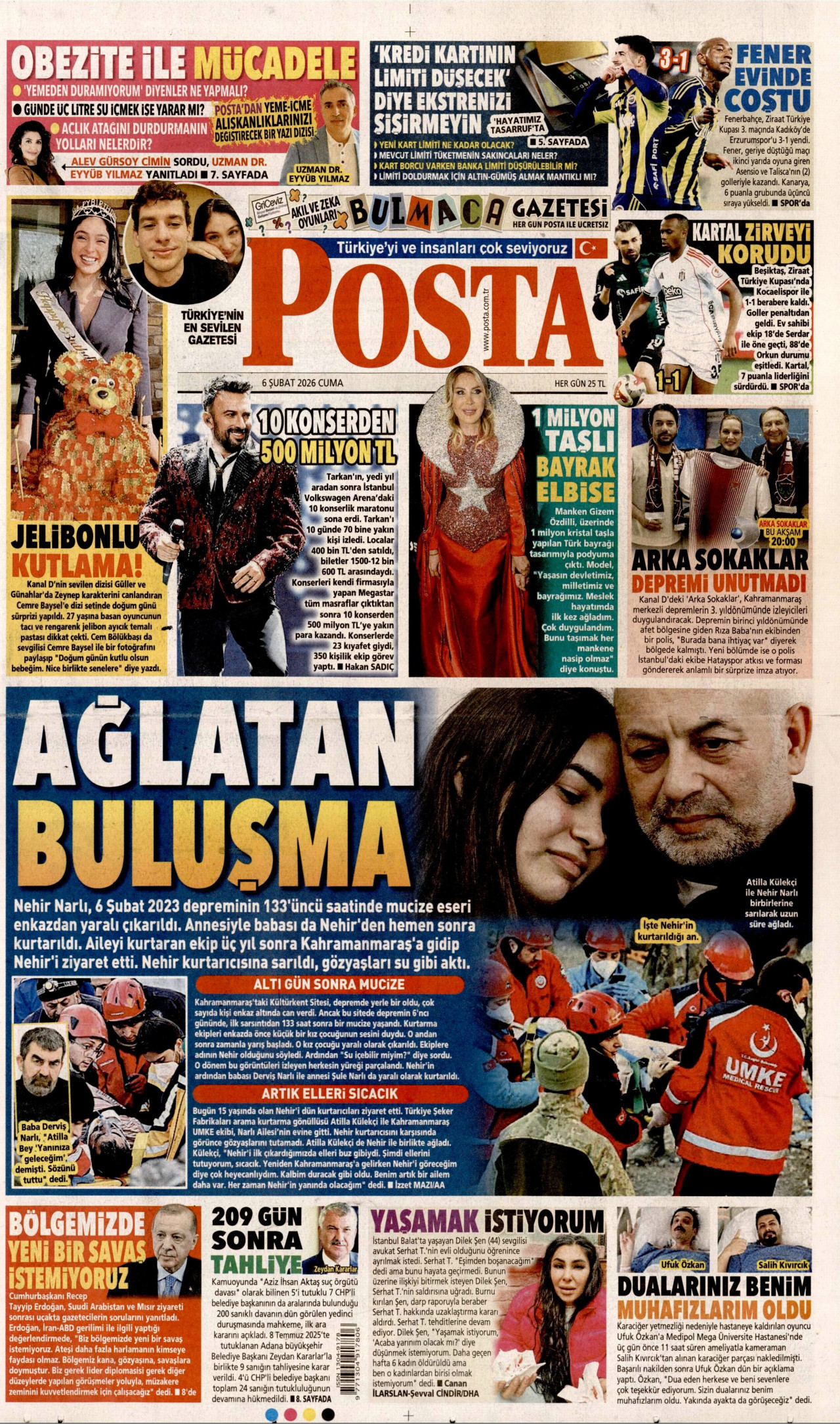 POSTA gazetesinin 6 Şubat 2026 tarihli birinci sayfası