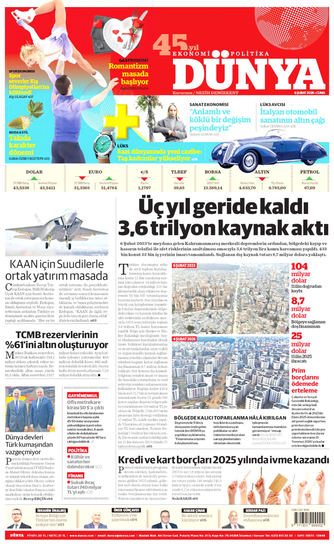DÜNYA gazetesinin 6 Şubat 2026 tarihli birinci sayfası