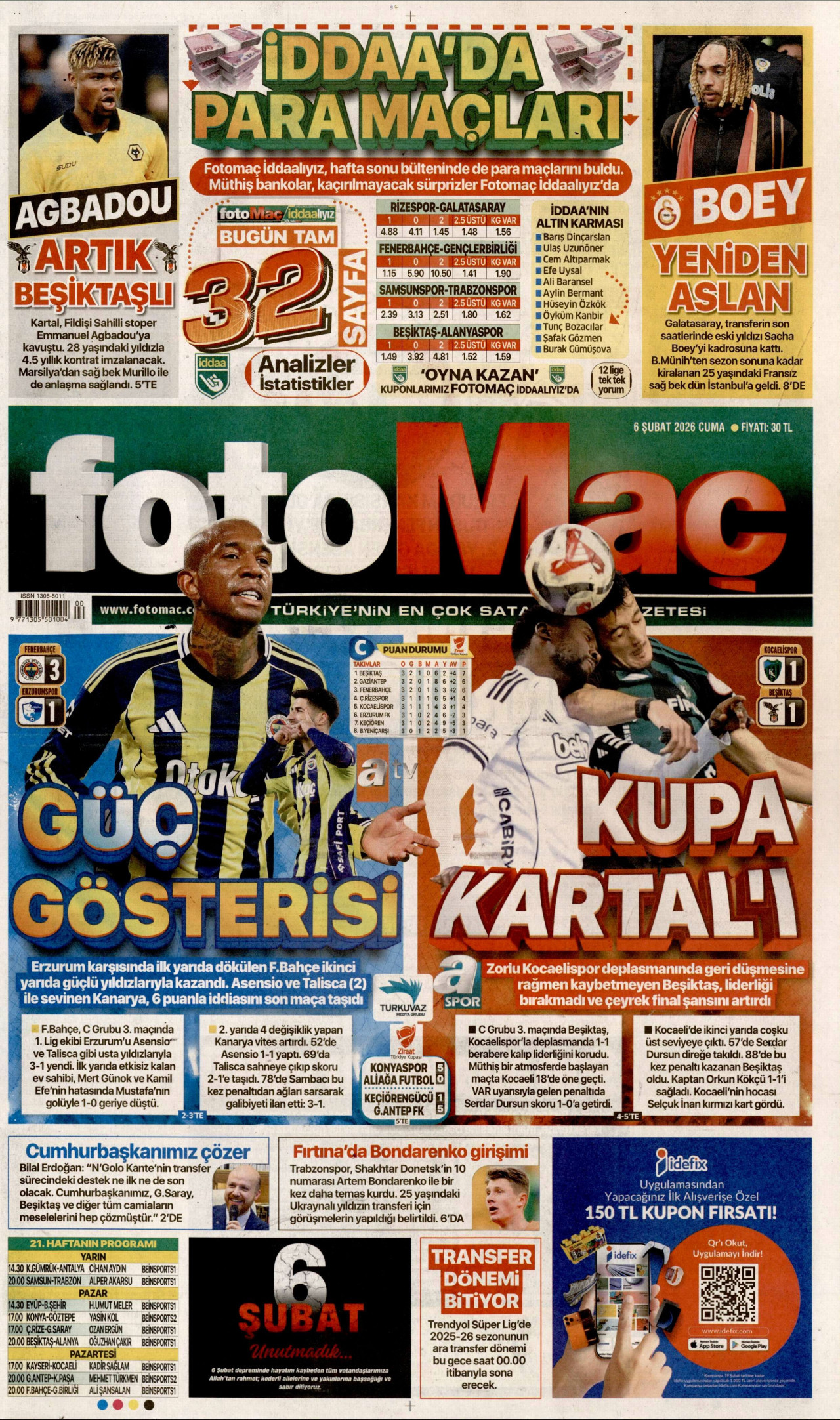 FOTOMAÇ gazetesinin 6 Şubat 2026 tarihli birinci sayfası