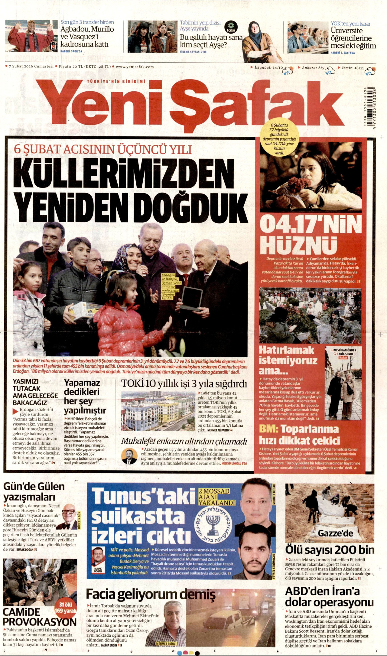 YENİ ŞAFAK gazetesinin 7 Şubat 2026 tarihli birinci sayfası