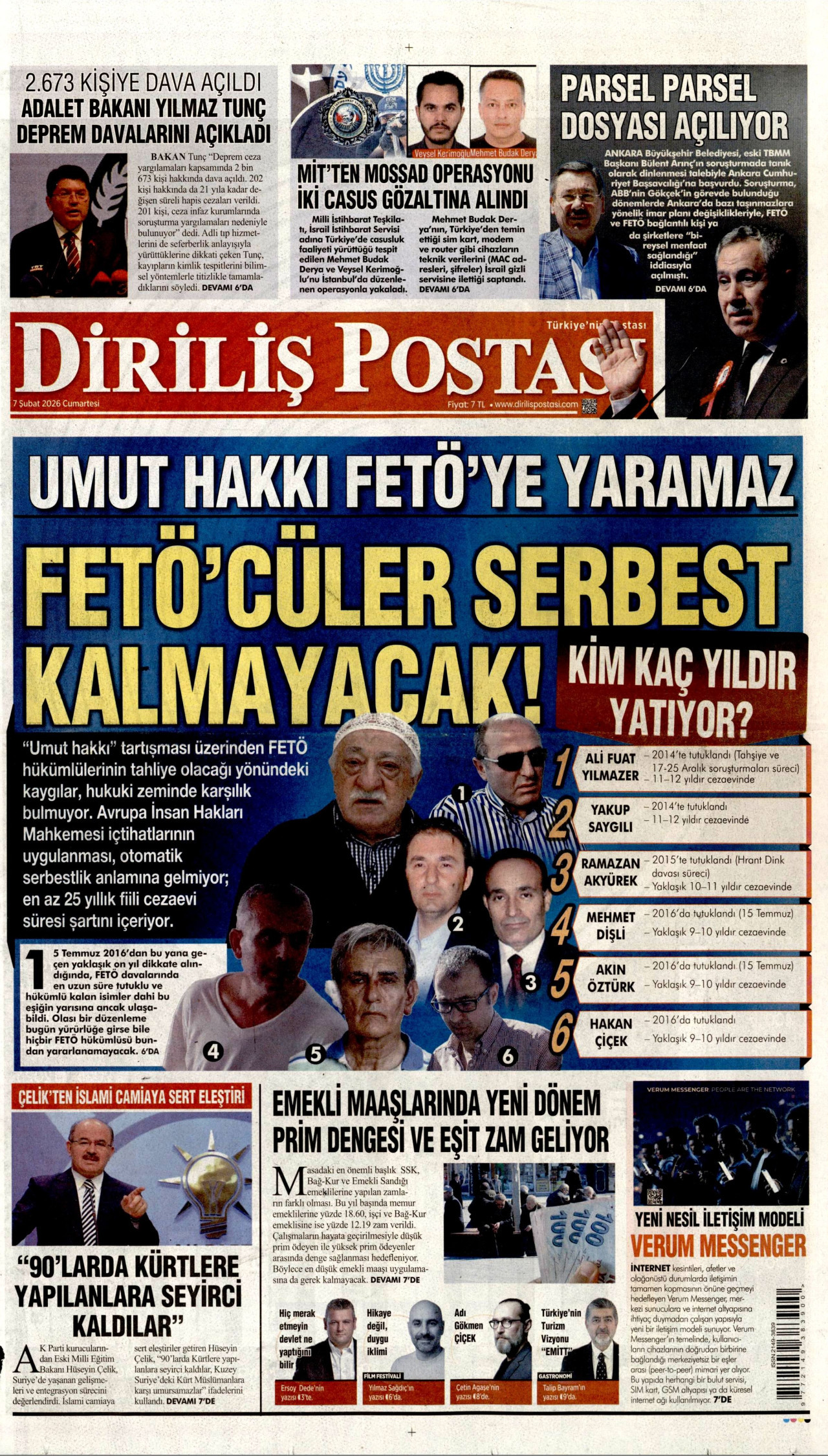 DİRİLİŞ POSTASI gazetesinin 7 Şubat 2026 tarihli birinci sayfası