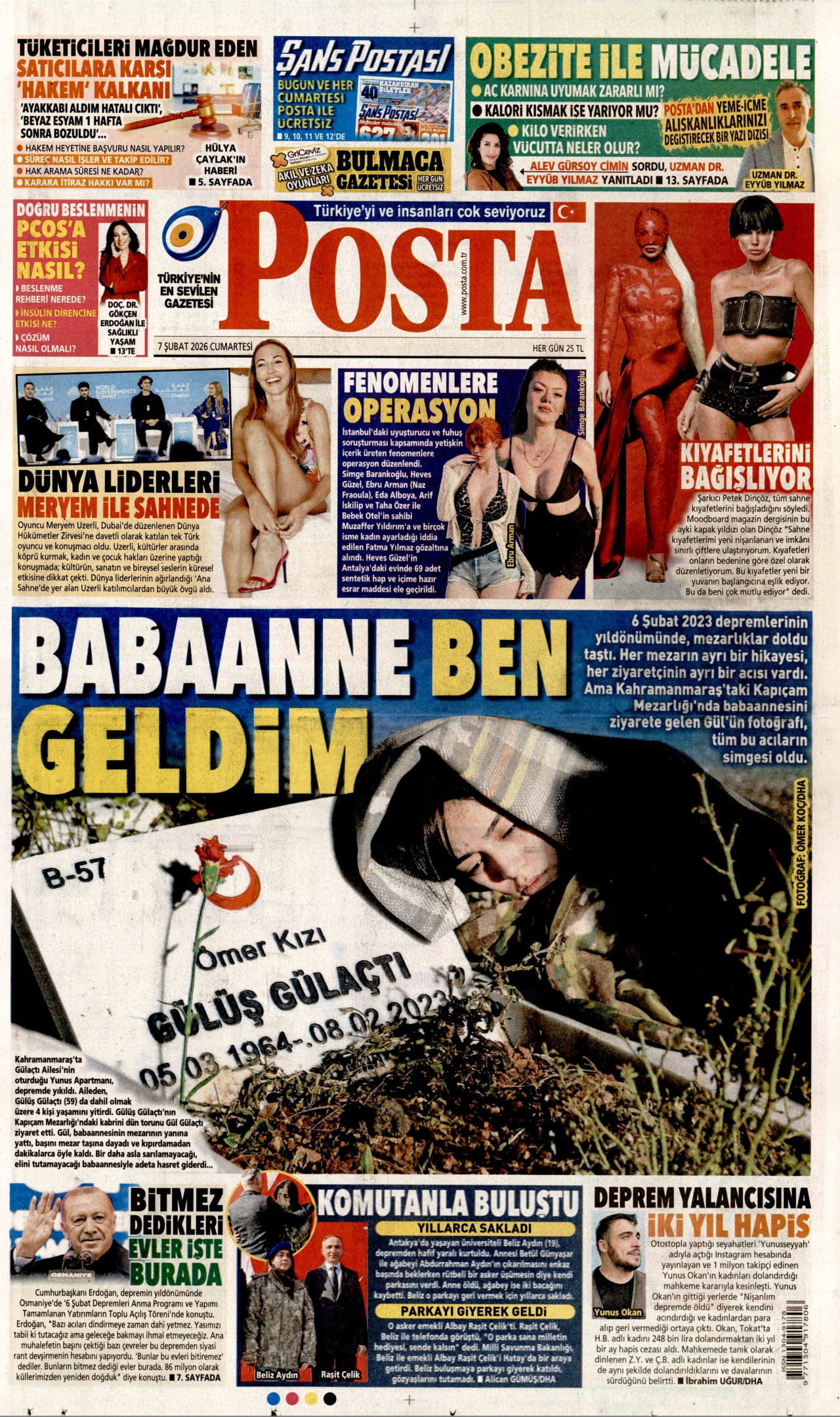 POSTA gazetesinin 7 Şubat 2026 tarihli birinci sayfası
