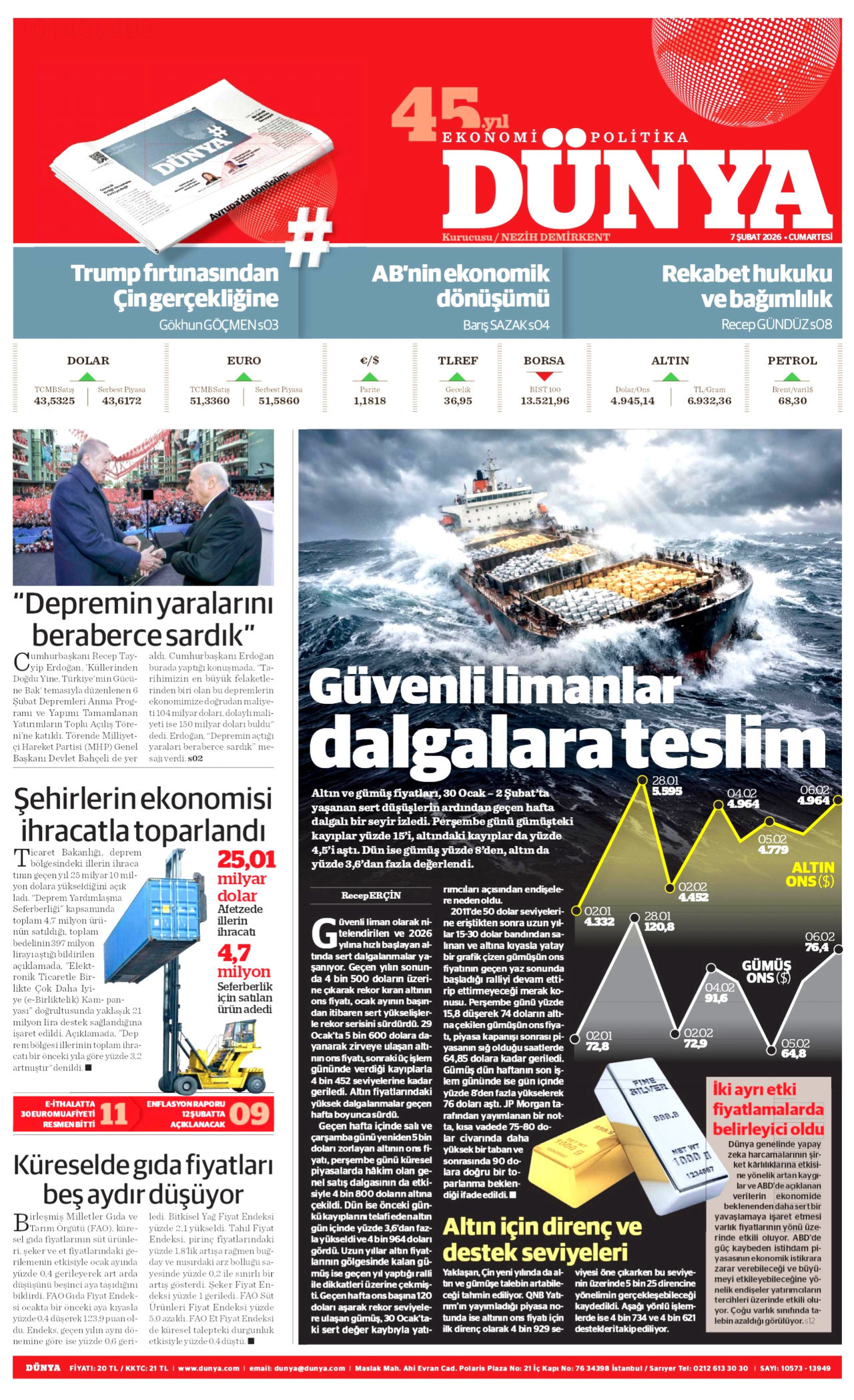 DÜNYA gazetesinin 7 Şubat 2026 tarihli birinci sayfası