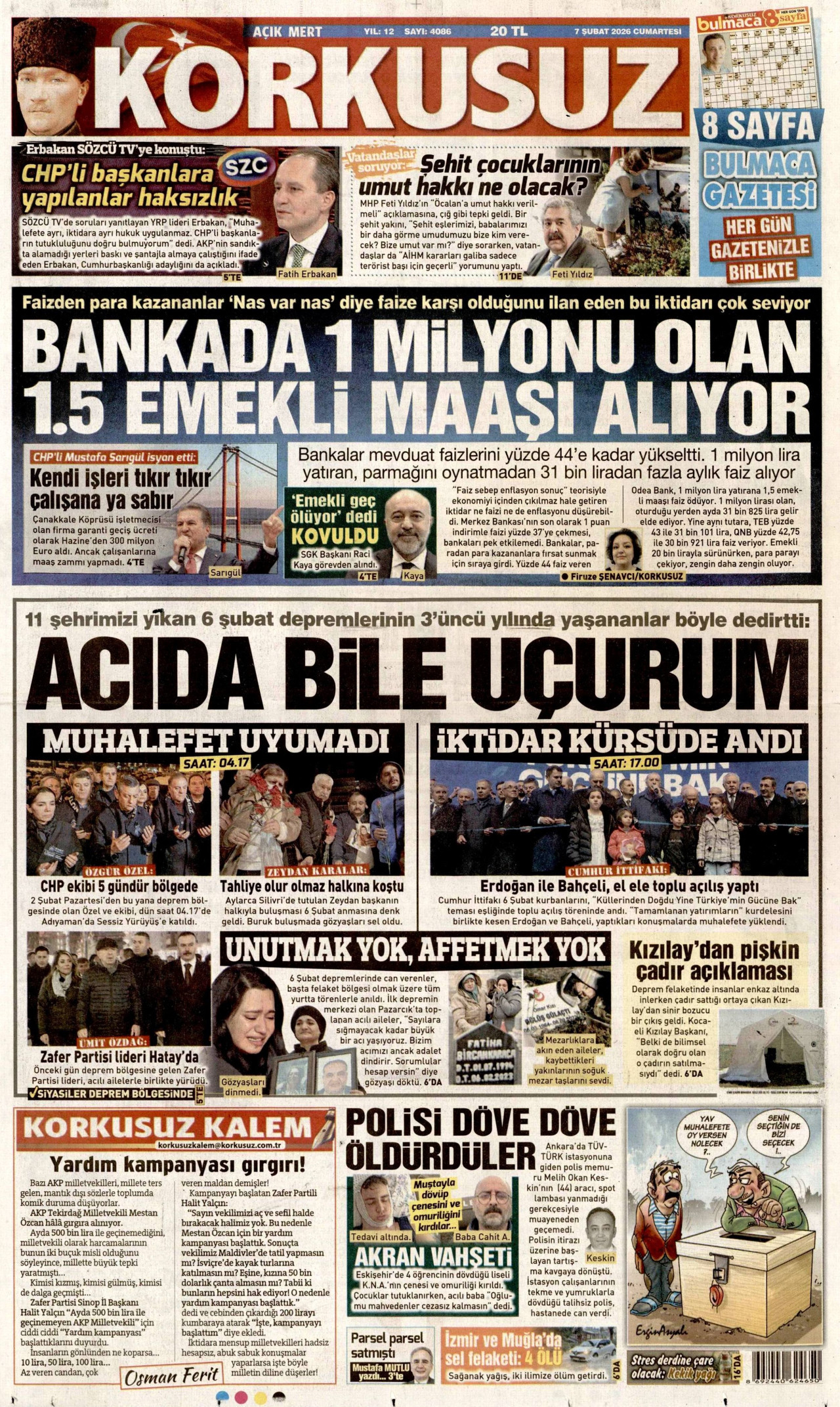 KORKUSUZ gazetesinin 7 Şubat 2026 tarihli birinci sayfası