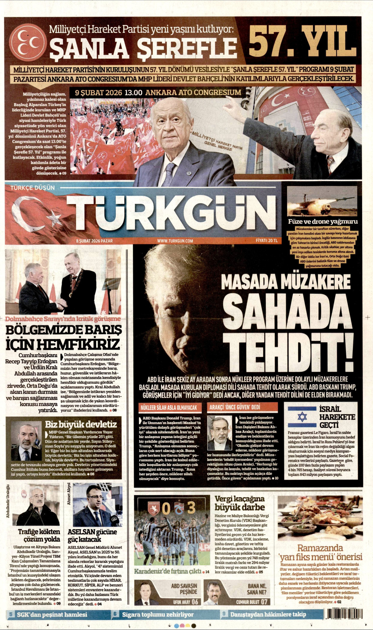 TÜRKGÜN gazetesinin 8 Şubat 2026 tarihli birinci sayfası