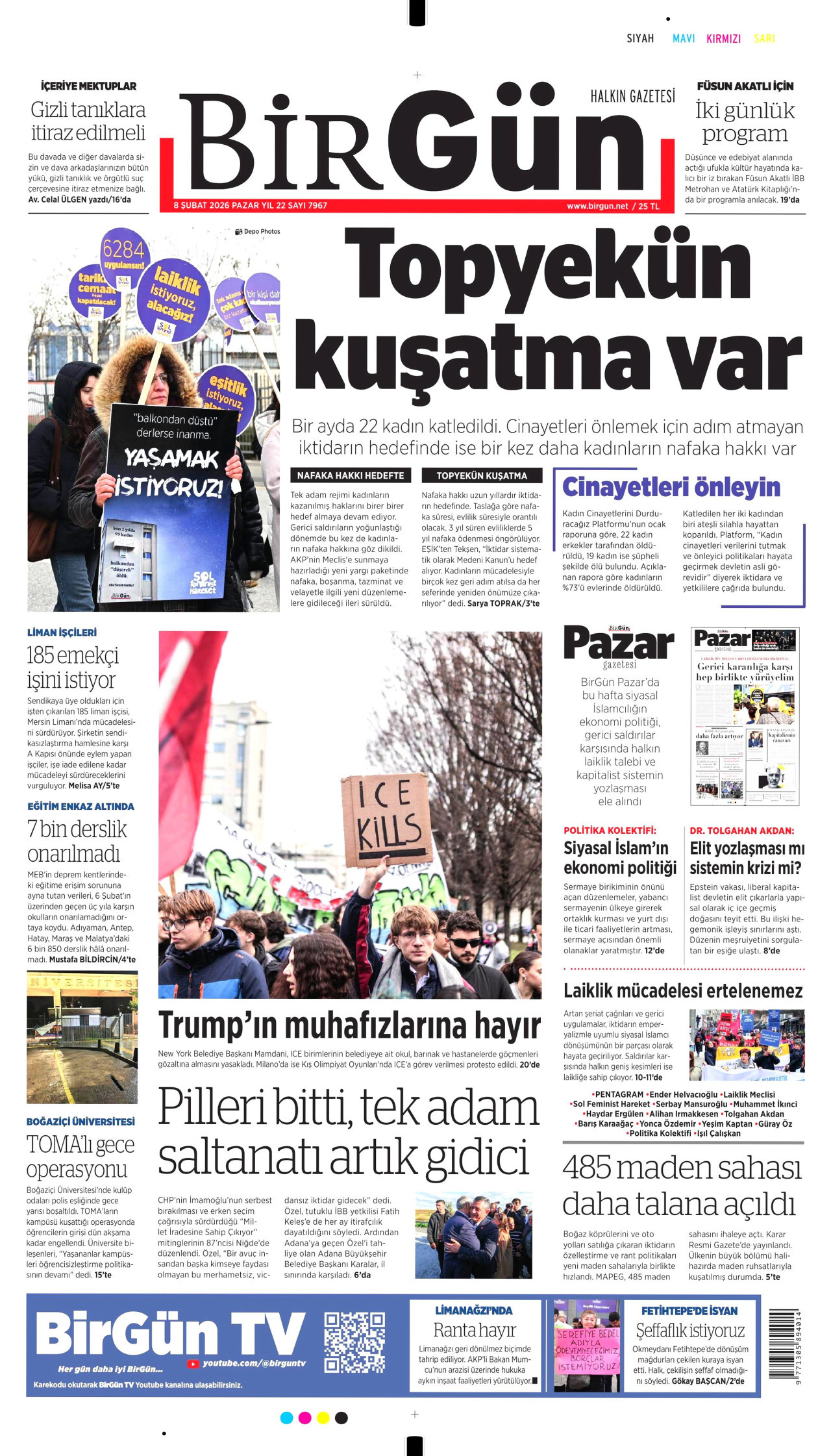 BİRGÜN gazetesinin 8 Şubat 2026 tarihli birinci sayfası