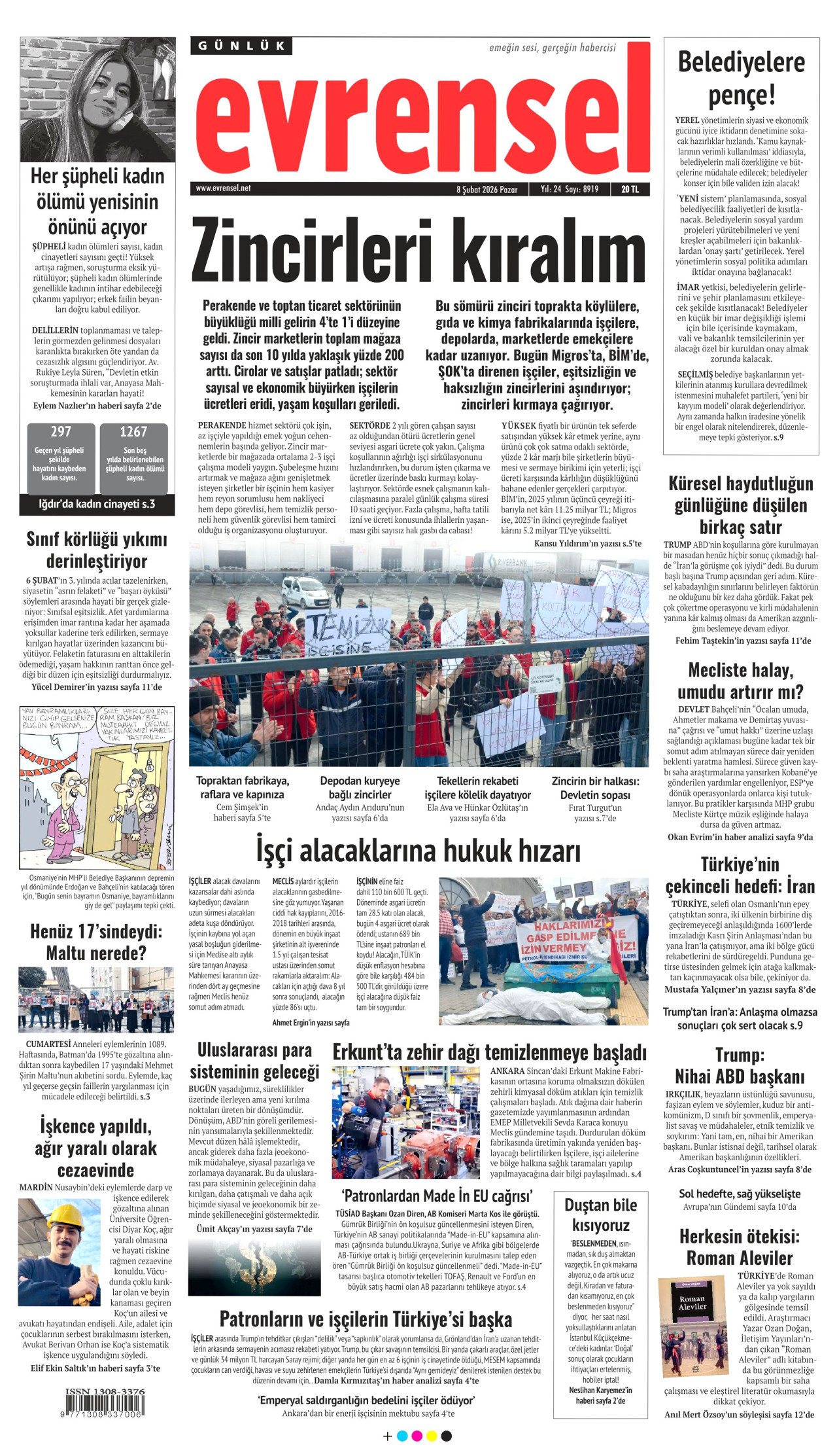 EVRENSEL gazetesinin 8 Şubat 2026 tarihli birinci sayfası