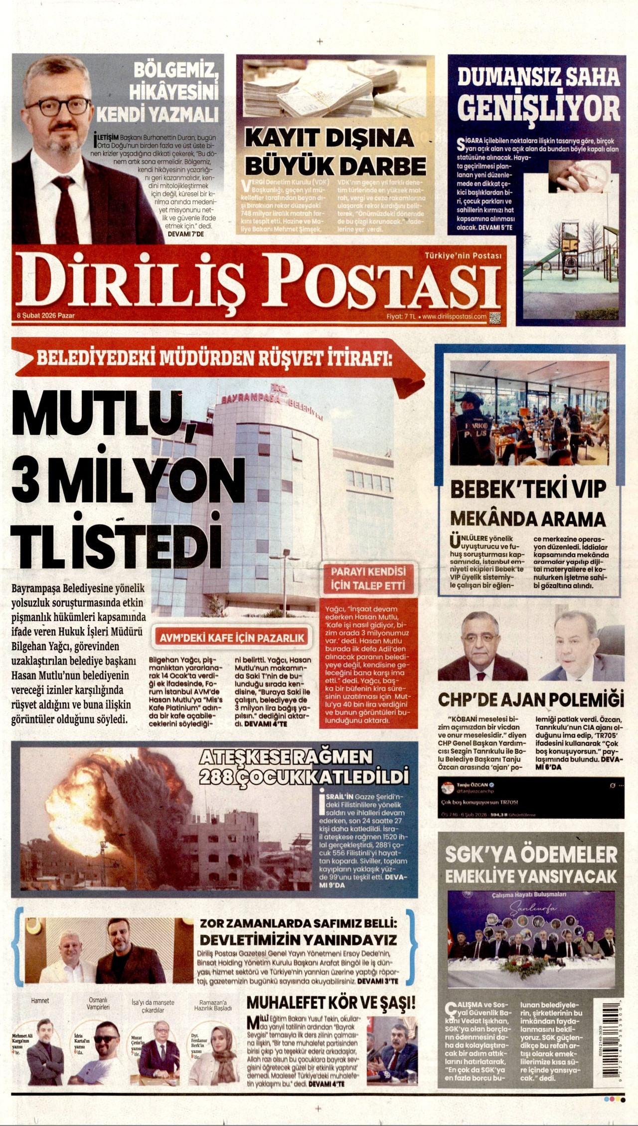 DİRİLİŞ POSTASI gazetesinin 8 Şubat 2026 tarihli birinci sayfası