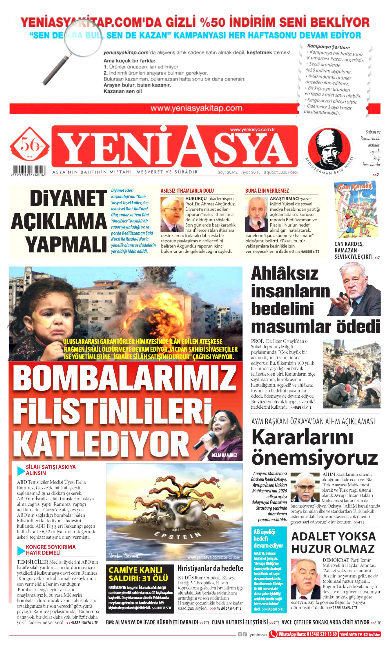 YENİ ASYA gazetesinin 8 Şubat 2026 tarihli birinci sayfası