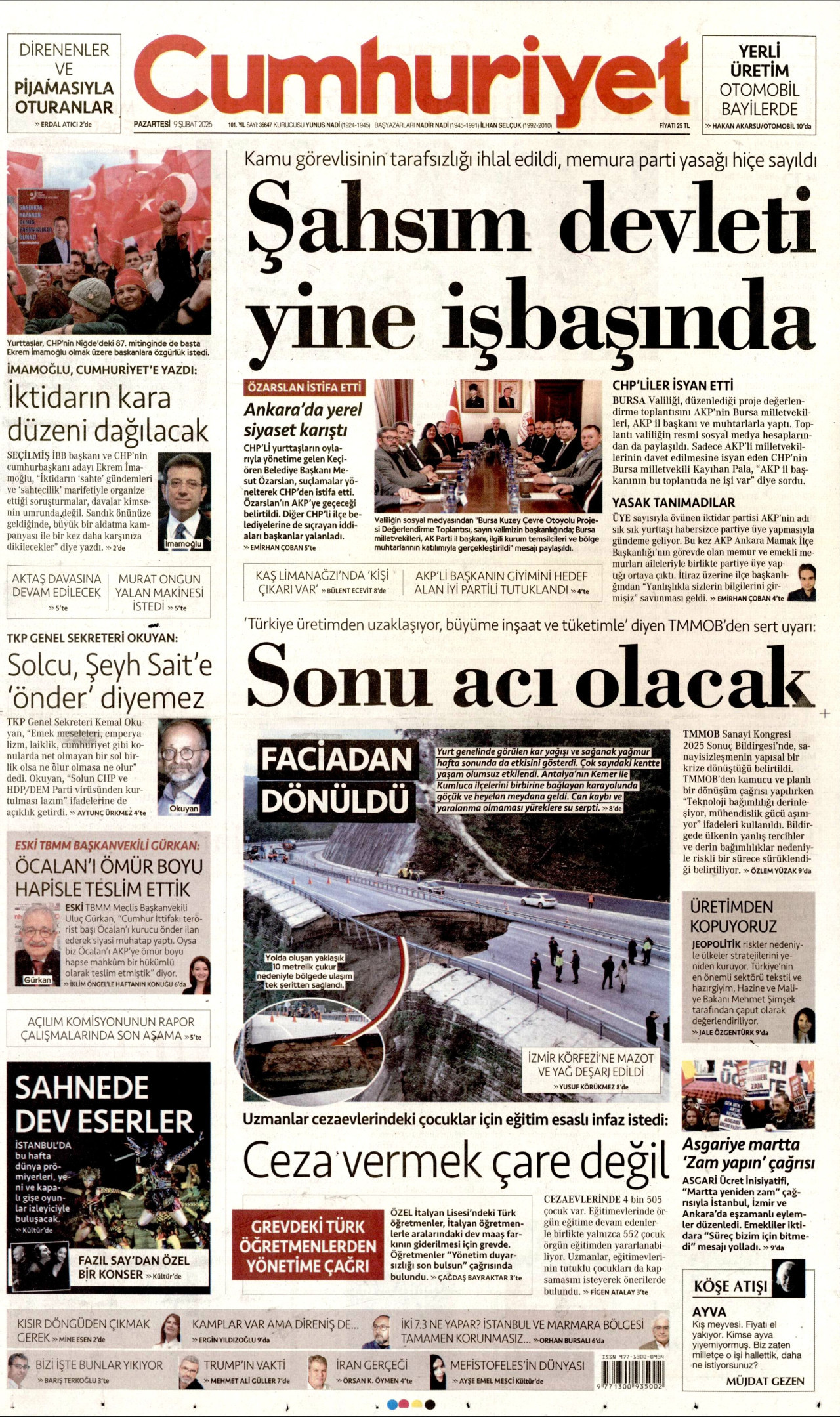 CUMHURİYET gazetesinin 9 Şubat 2026 tarihli birinci sayfası