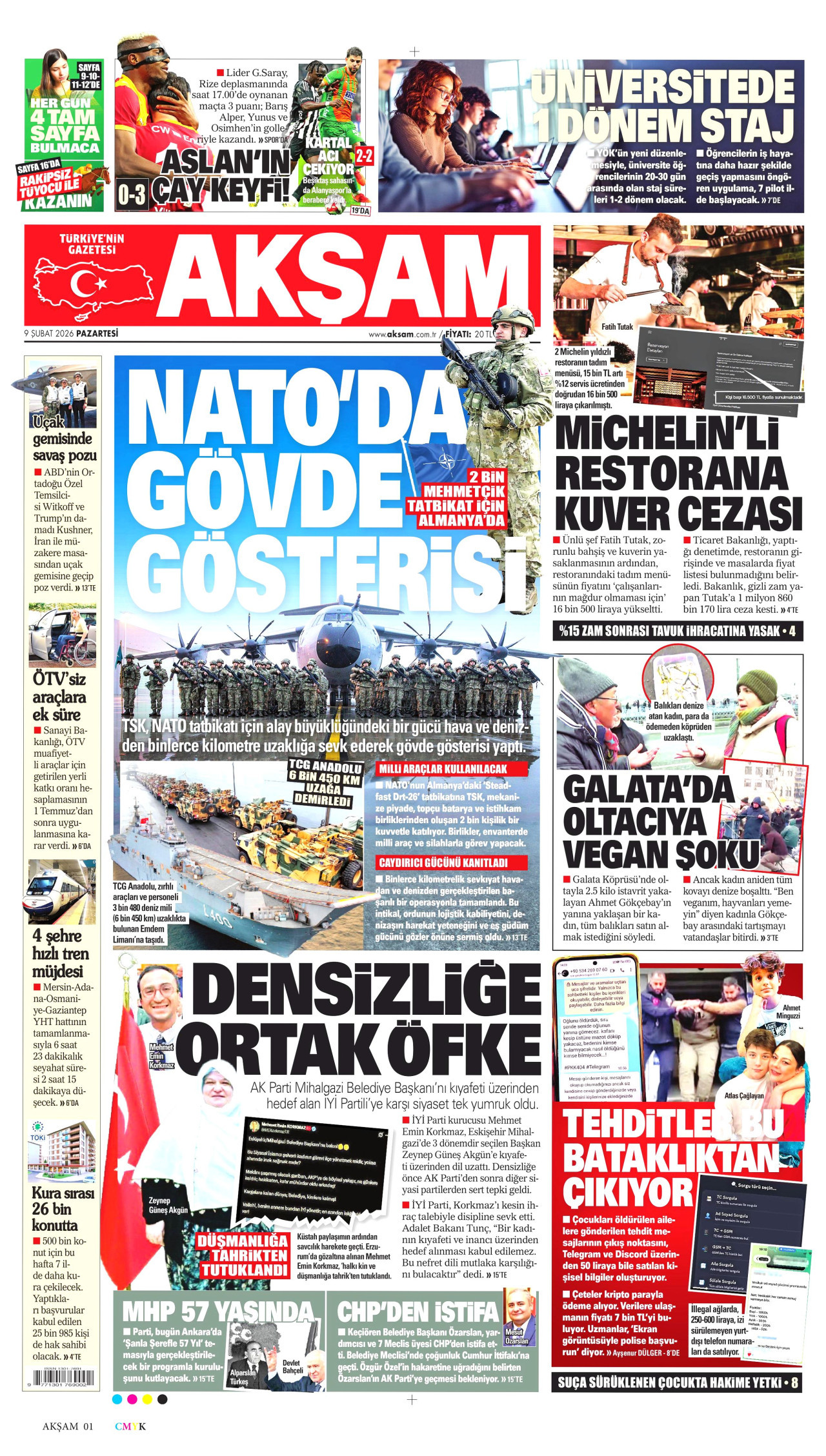 AKŞAM gazetesinin 9 Şubat 2026 tarihli birinci sayfası