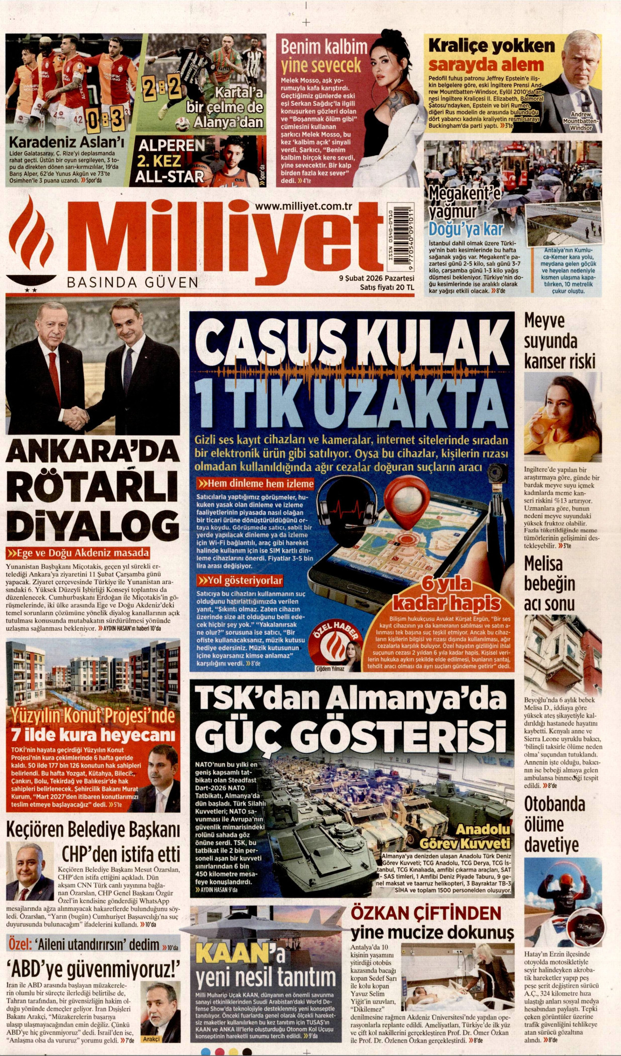 MİLLİYET gazetesinin 9 Şubat 2026 tarihli birinci sayfası