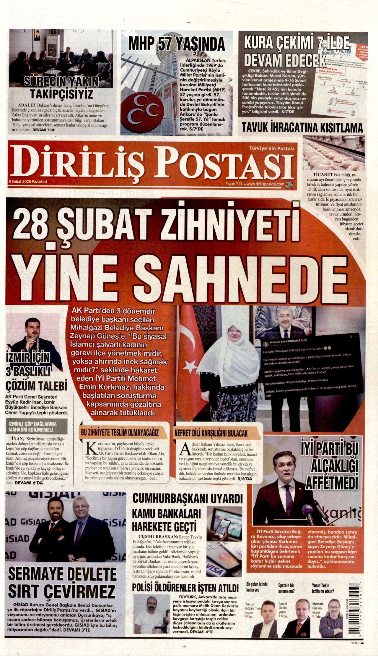 DİRİLİŞ POSTASI gazetesinin 9 Şubat 2026 tarihli birinci sayfası